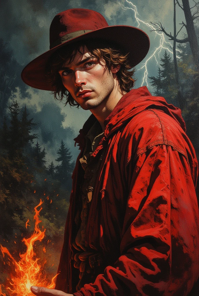 oil painting, cute man, 25 years old, brunette, shoulder length hair, hairstyle, dark red history custom,  hat, watercolor background of a gloomy forest, black fog, dynamic pose, roaring magic around, fire on the ground, lightning in the sky, portrait, looking straight into the camera, large strokes, high quality details