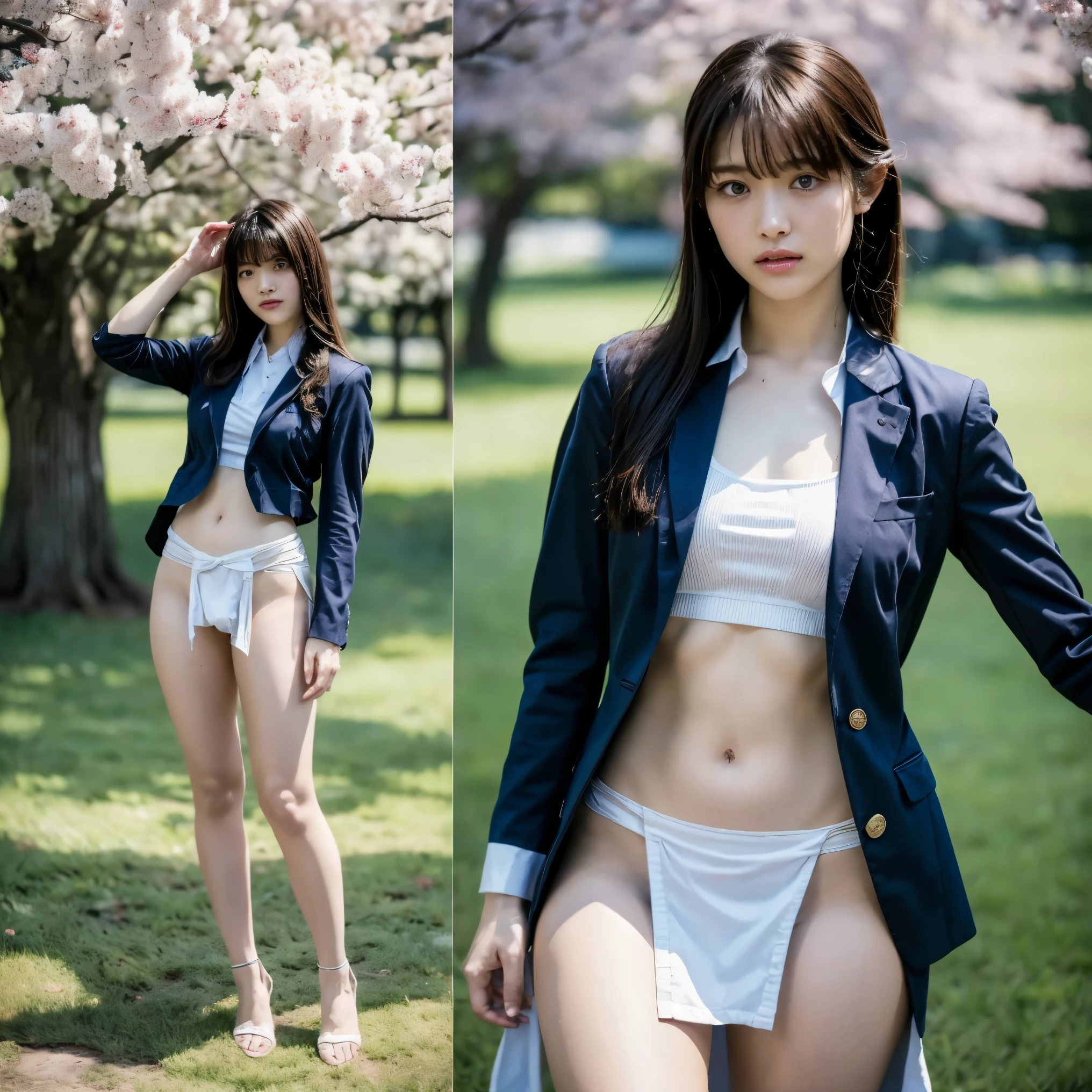 ((Best of the highest quality, 8k, Masterpiece, raw photo: 1.2)), (Sharp focus: 1.2), (1 AESPA, slim body type female, 21 y/o: 1.1), (solo: 1.28), (realistic, photo-realistic:1.37), cute face, finely eyes, (droopy eyes: 1.32), (Emphasize prominent aegyo-sal with bright: 1.2), shimmering eyeshadow applied under the lower lash line, paired with thick, (small breasts, flat chest, Thigh: 1.3), (short messy hair, bangs: 1.28), (blazer, ribbon, panties: 1.32), walking on river, (rice field, paddy field: 1.1), flower, (from below: 1.16)