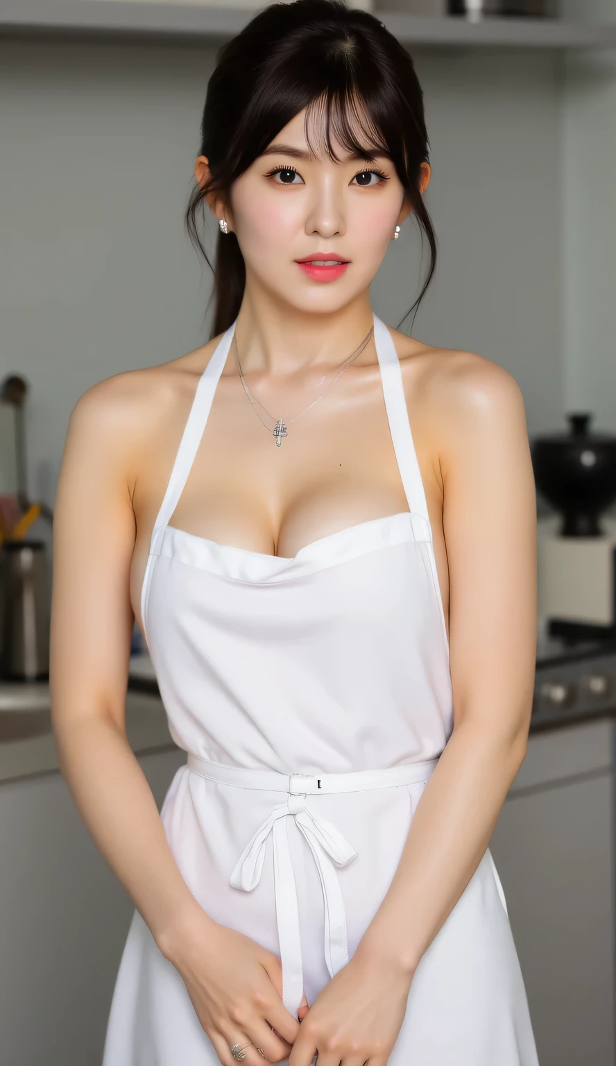 a woman, stand up straight in the kitchen, body facing front, Eyes looking at the camera, both hands folded on the stomach, naked round, use only a long apron of white color, big size G-cup, short hair of black color, face seductive expression,