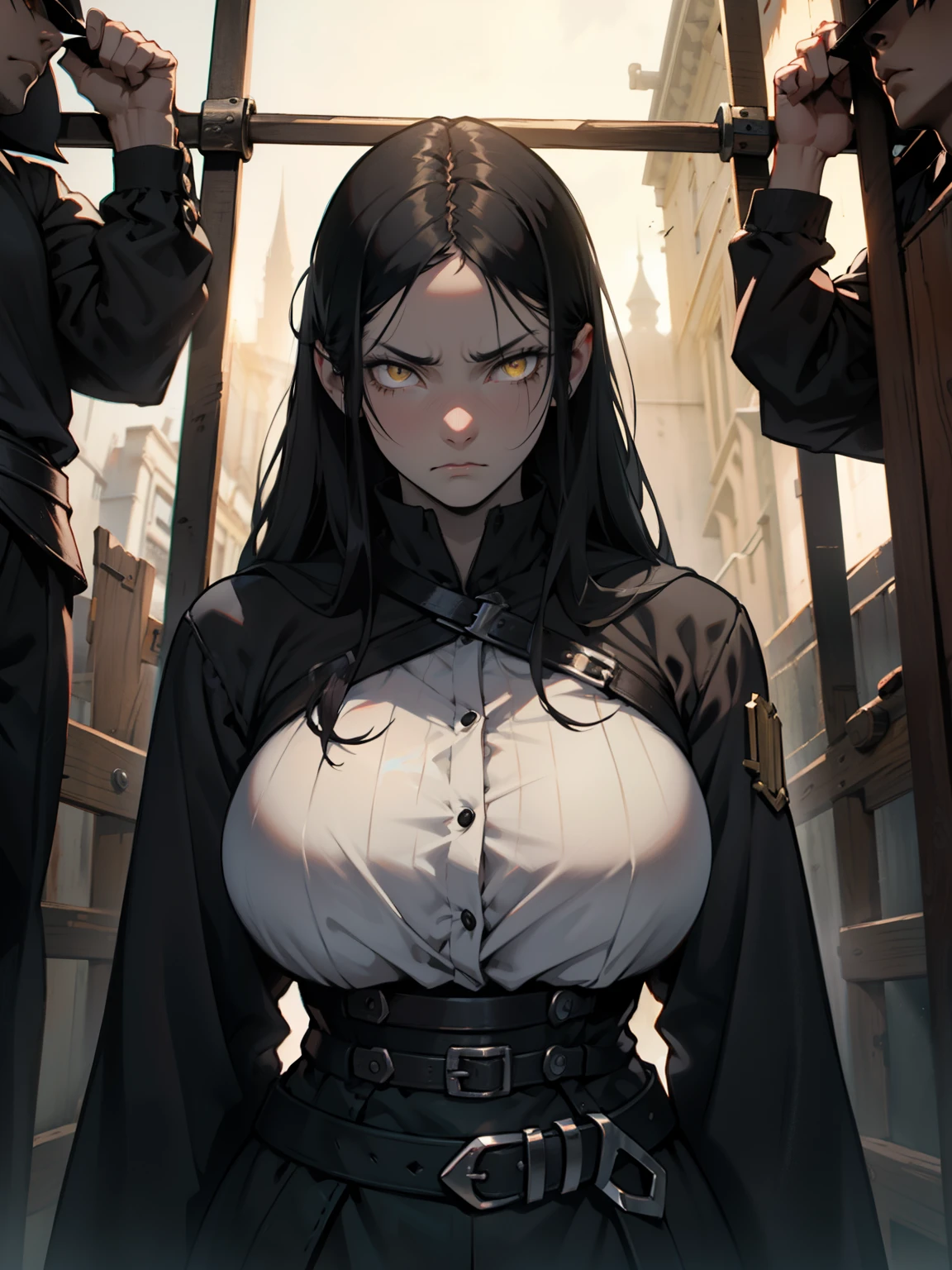 black hair yellow eyes sad expressionless muscular huge breasts pale skin gloomy gloomy gloomy gloomy gloomy pillory pillory solo solo