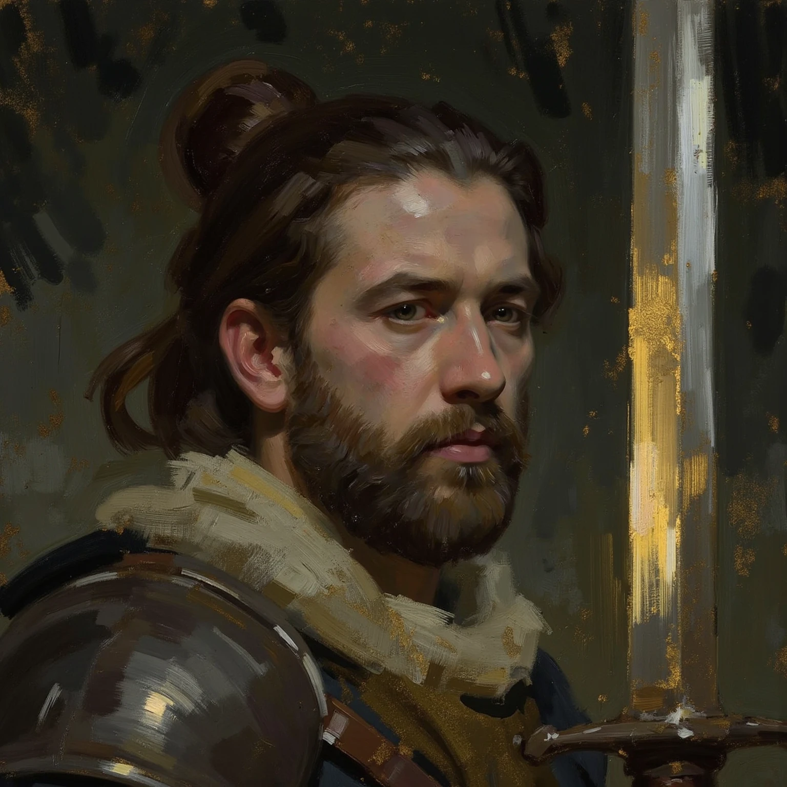 epic Close-up of a medieval warrior, with a focused and determined look, wearing detailed and worn armor. He holds his sword firmly, with the reflection of the blade shining in the soft light of dusk. His face shows signs of battle, with scars that reflect a story of courage. The bottom is a dark forest, with giant trees and a light fog that surrounds the scene, creating a mysterious and intense atmosphere. The color palette is rich in shades of gold,  dark green and gray , with an impressionist style, where the soft brushstrokes convey a sense of movement and grandeur