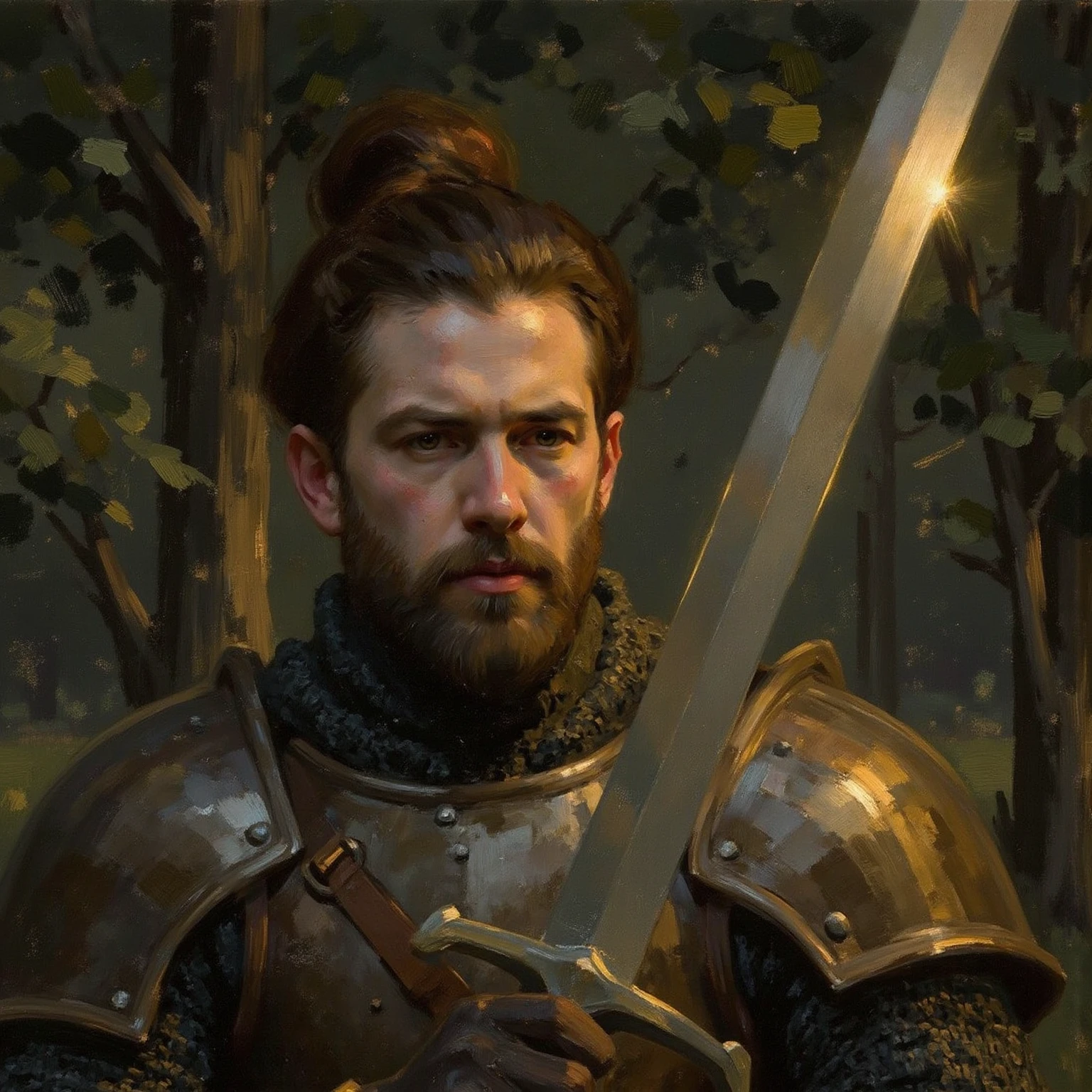 epic Close-up of a medieval warrior, with a focused and determined look, wearing detailed and worn armor. He holds his sword firmly, with the reflection of the blade shining in the soft light of dusk. His face shows signs of battle, with scars that reflect a story of courage. The bottom is a dark forest, with giant trees and a light fog that surrounds the scene, creating a mysterious and intense atmosphere. The color palette is rich in shades of gold,  dark green and gray , with an impressionist style, where the soft brushstrokes convey a sense of movement and grandeur