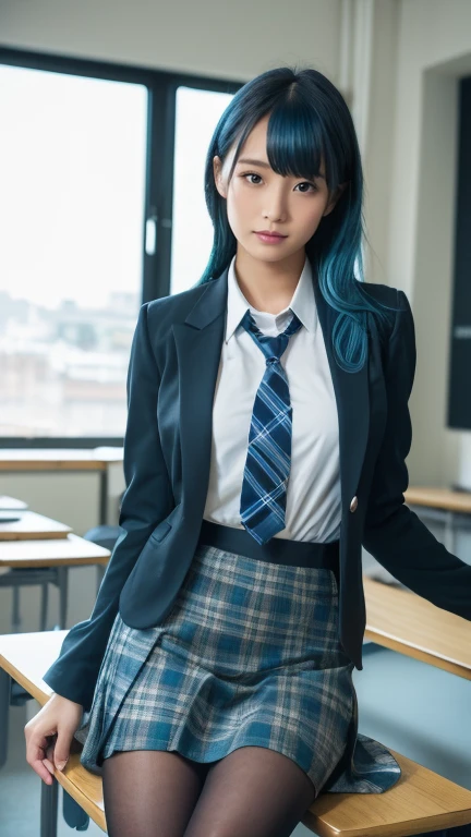 2D character from the anime Boku no hero academia. Screenshot from boku no hero academia of a teenager, (Black hair with mint blue at the ends, long and wavy a little messy) + (Tired expression with dark circles, purple but bright eyes) + she wears a uniform, gray blazer, red tie and green skirt, she is sitting resting her head on her arm, black stockings above the knee, black sneakers, classroom in the background.