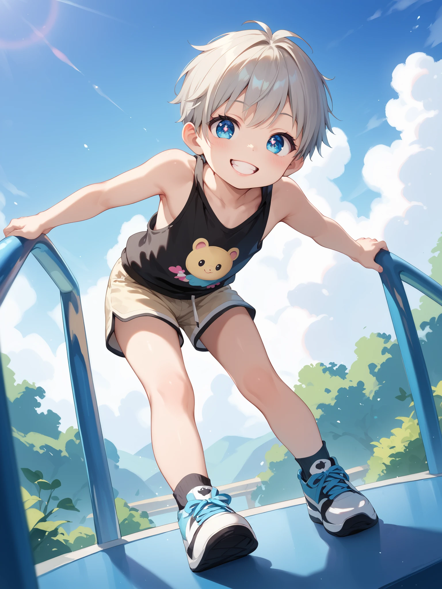 (Solo), (Full body shot), (1 boy), ((about )), (Young boy), (Cute), Happy, (Golden silver hair), (Baby face, round face), (Big cute eyes), ((Sky blue clear eyes)), ((Mischievous expression)), (Half-open lips), (Healthy teeth),
BREAK, (Narrow shoulders), (((bare shoulders))), (Black sleeveless tank top under hoodie), (Beige short-sleeved hoodie), Cotton shorts, Socks, (Black and white colored sneakers), (Arms on waist), ((Bent forward)), (Character focus), Pretty thighs, Slim thighs,
BREAK, (Masterpiece), Top quality, High quality, (High detail), High resolution, (Clear lines), (Full color, colorfull), (Detailed face), ((Highly detailed eyes, Detailed Pupils)),
BREAK, Perfect anatomy, Nice hands, Looking at the viewer, Standing, ((Front view)), (From below), (Cinematic angle), No background,