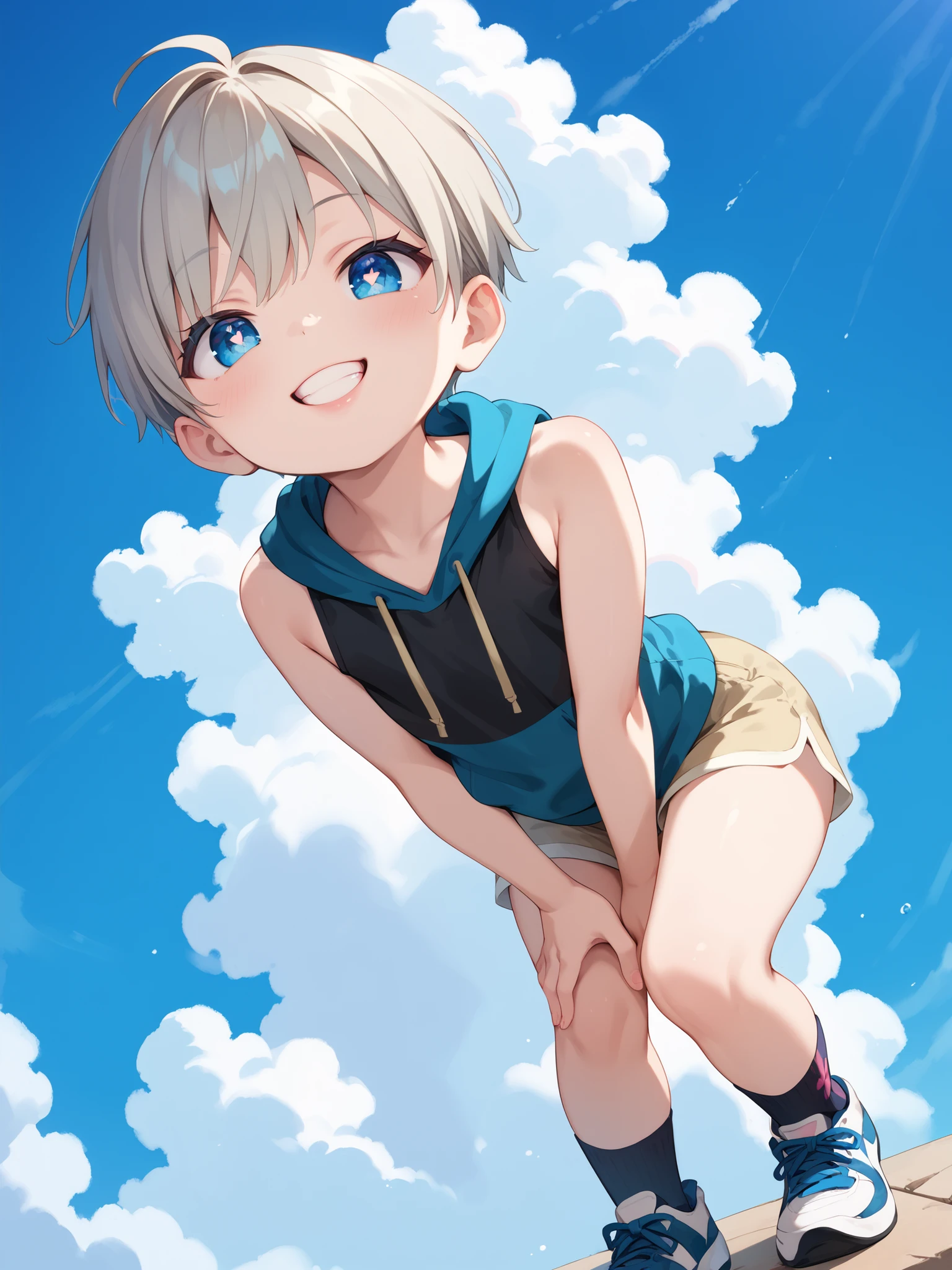 (Solo), (Full body shot), (1 boy), ((about )), (Young boy), (Cute), Happy, (Golden silver hair), (Baby face, round face), (Big cute eyes), ((Sky blue clear eyes)), ((Mischievous expression)), (Half-open lips), (Healthy teeth),
BREAK, (Narrow shoulders), (((bare shoulders))), (Black sleeveless tank top under hoodie), (Beige short-sleeved hoodie), Cotton shorts, Socks, (Black and white colored sneakers), (Arms on waist), ((Bent forward)), (Character focus), Pretty thighs, Slim thighs,
BREAK, (Masterpiece), Top quality, High quality, (High detail), High resolution, (Clear lines), (Full color, colorfull), (Detailed face), ((Highly detailed eyes, Detailed Pupils)),
BREAK, Perfect anatomy, Nice hands, Looking at the viewer, Standing, ((Front view)), (From below), (Cinematic angle), No background,