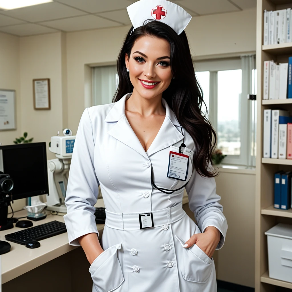 Full body, a nurse cap with red cross symbol, beautiful detailed eyes, beautiful detailed lips, extremely detailed face, longeyelashes, medical uniform, clevage, short skirt, medical equipment, holding a clipboard, standing in a hospital interior with blurred background, professional, photorealistic, cinematic lighting, epic, dramatic, intricate details, highly detailed, masterpiece, 8k