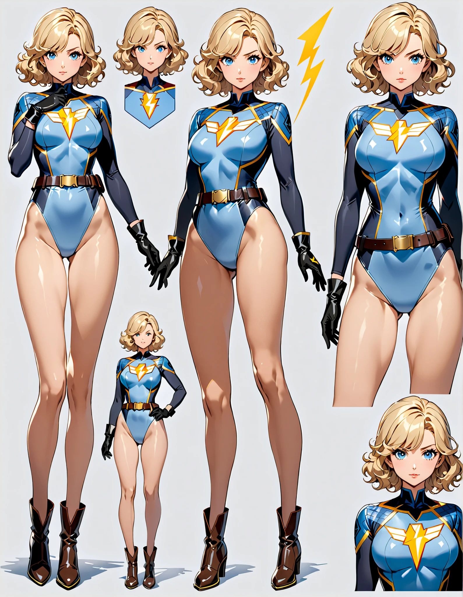 masterpiece, best quality, hires, 1girl, finger proportions coordination, medium breasts, ((leotard, light blue leotard, lighting bolt \(emblem\) on chest, fastened tight belt)), long sleeves, (bare legs), black boots, matching boots, black gloves, solo, single, standing, superhero, beautiful detailed eyes, beautiful detailed face, blonde hair, (short hair), wavy hair, mature lady, teacher, perfect body. Simple background, Multiple Views, Character Sheet Full-Length.