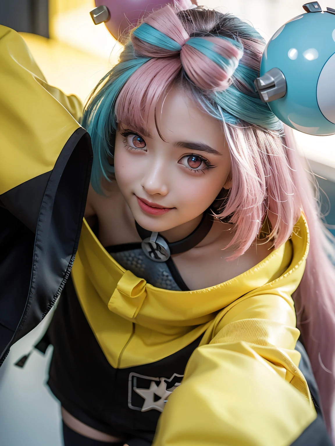 1girl, alone, (cute japanese girl), Young female, Low Height, (smile), Looking at camera,
BREAK
(close up:1.75), (portrait:1.2),
BREAK
Professional photo-realistic images, (16k, RAW photo, best quality, masterpiece:1.2), (realistic, photo-realistic:1.4), (extremely detailed 8k wallpaper), sharp focus, depth of field, blur background, bokeh, cinematic lighting, soft light, High resolution 16k close-up of human skin,
BREAK
sagging breasts, huge breasts, (nipples under clothes),
BREAK
pokemon iono, blue hair, bow-shaped hair, character hair ornament, hair ornament, long hair, low-tied long hair, multicolored hair, pink hair, sharp teeth, split-color hair, twintails, two-tone hair, (pink eyes:1.5),
BREAK
oversized clothing, jacket, yellow jacket, wide sleeves, sleeves past wrists, black shorts, grey pantyhose, boots, single leg pantyhose, thigh strap