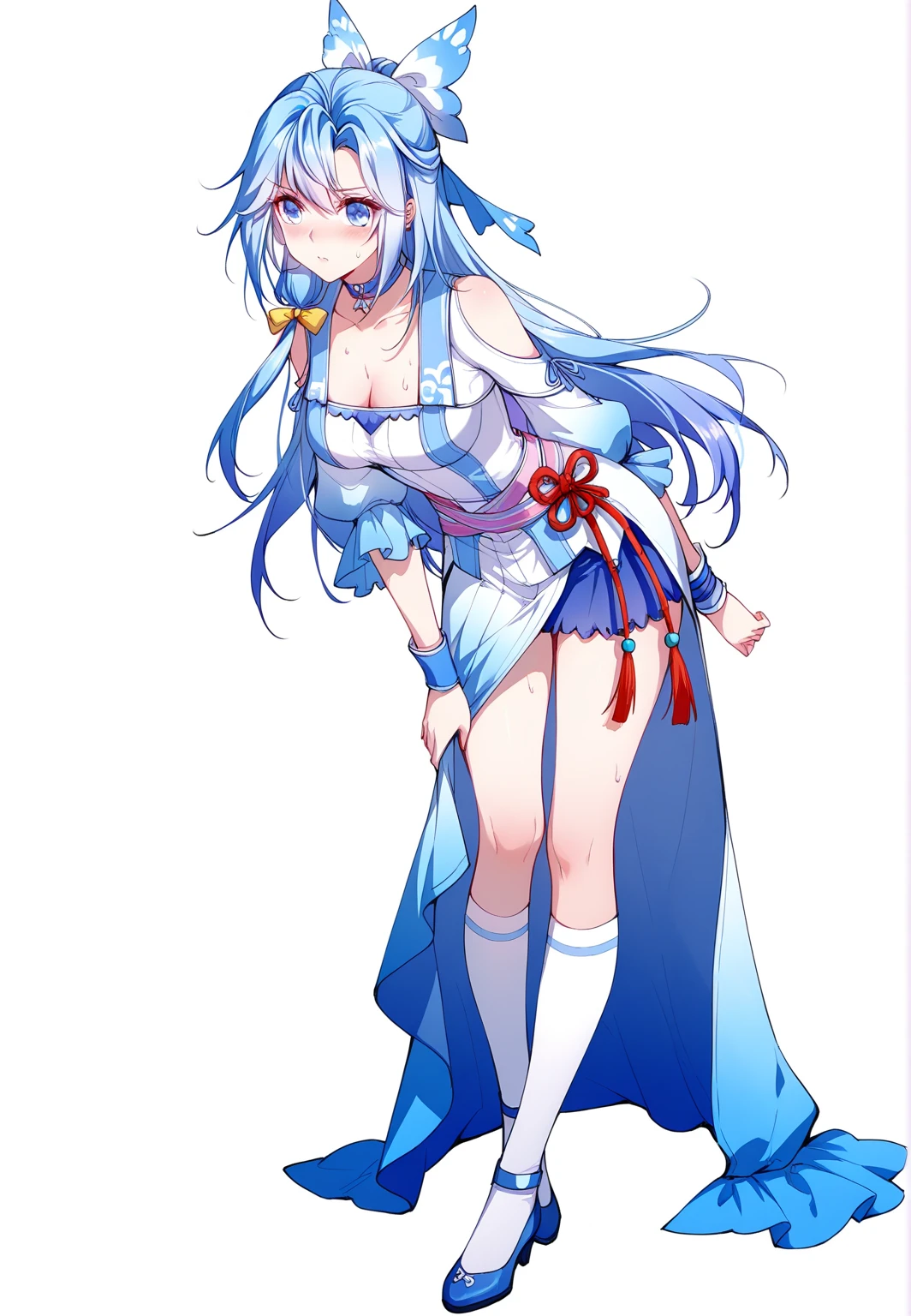 1girl, ahoge, armpits, bare shoulders, bell, blue hair, breasts, covered navel, detached sleeves, (white dress:1.8), ganyu \(genshin impact\), goat horns, highleg, horns, long hair, looking at viewer, medium breasts, pelvic curtain, purple eyes, sideboob, simple background, solo, thighhighs, thighs, white background, (white legwear:1.6), <lora:ganyu_ned2_offset:0.1>, ((masterpiece)), (best quality), standing, full body, white shoes, from aside, simple background, blue background,