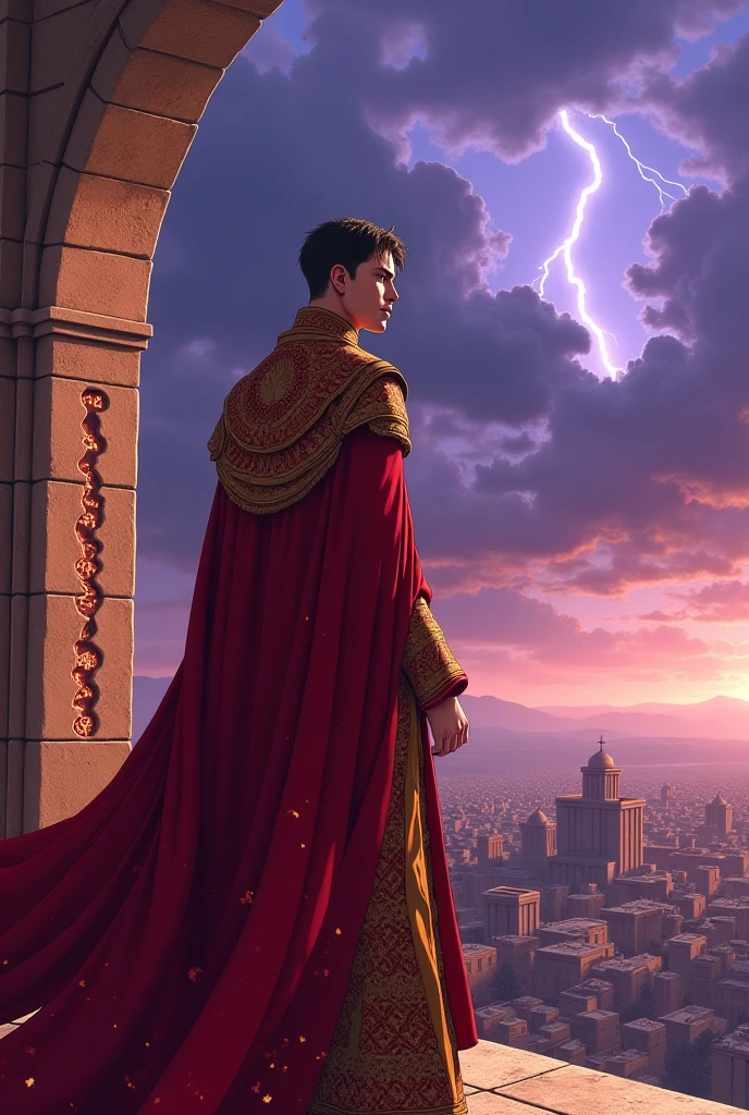 A highly detailed anime-style scene inspired by Jujutsu Kaisen, showing Qarun beginning to fall into arrogance and corruption. He stands alone on a wide stone balcony overlooking his city at dusk. His expression is cold and distant, with narrowed eyes and a subtle smirk. The wind blows his richly embroidered red-and-gold robe dramatically. Behind him, storm clouds are forming in a violet-tinted sky, hinting at the darkness within. The architecture is ancient Middle Eastern with mystical glowing runes carved faintly into the stone, barely visible but pulsing subtly with energy—suggesting a hidden power. The color palette is cinematic with deep shadows, rich purples, golds, and flashes of lightning in the distance. Floating particles and falling leaves add depth and movement. The art style is dynamic, intense, and textured like a high-budget scene from Jujutsu Kaisen, with bold outlines, sharp lighting contrast, and emotional tension in the air
