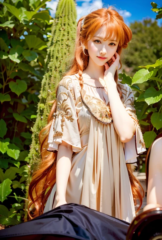 1girl,solo,jewelry,necklace,dress,red skin,colored skin,hair ornament,breasts,long hair,flower,blonde hair,choker,realistic,watermark,hair flower,medium breasts,looking at viewer,web address,own hands together,cleavage,wheat,wheat floating around,wheat in air,blowing,standing in wheat field,