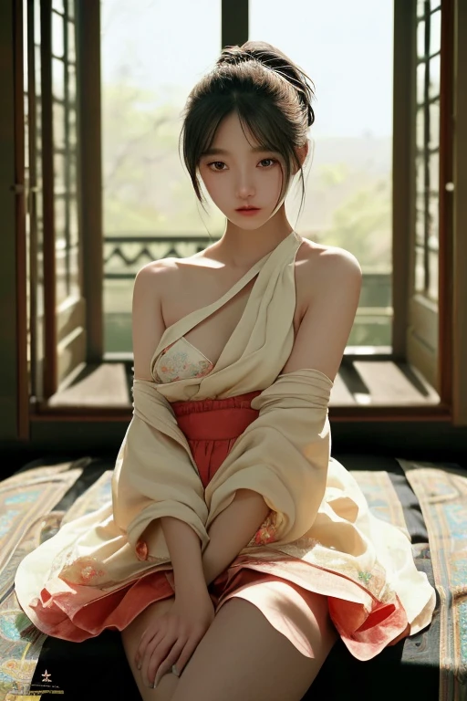 (A woman in her twenties wielding a Japanese sword),(handsome girl), (Hanfu), white skin, surrounded by ink water,Surrounded by the wind, clear face, clear and bright eyes, high detail, whole body, movie lights, motion blur, ray tracing, reflected light, (enlargement), masterpiece, best quality, high quality, high details, super detail, 1080p, UHD, HD, character design, photorealistic, Unreal Machine, concept art, Popularity of Art Station, ((realistic)), looking at viewer, fantasy art, Amazing Gradient Colors, amazing detail,absurd, HDR. Japanese Warring States Period, A little bit of cleavage is visible, Bandaged chest., big bust, sexy, from below, Holding a Japanese sword, swordsman, Bewitching, Your legs are sexy, Undergarments slightly visible, spread the crotch apart, Net stockings, torn clothes, exposed chest, she licks the knife.