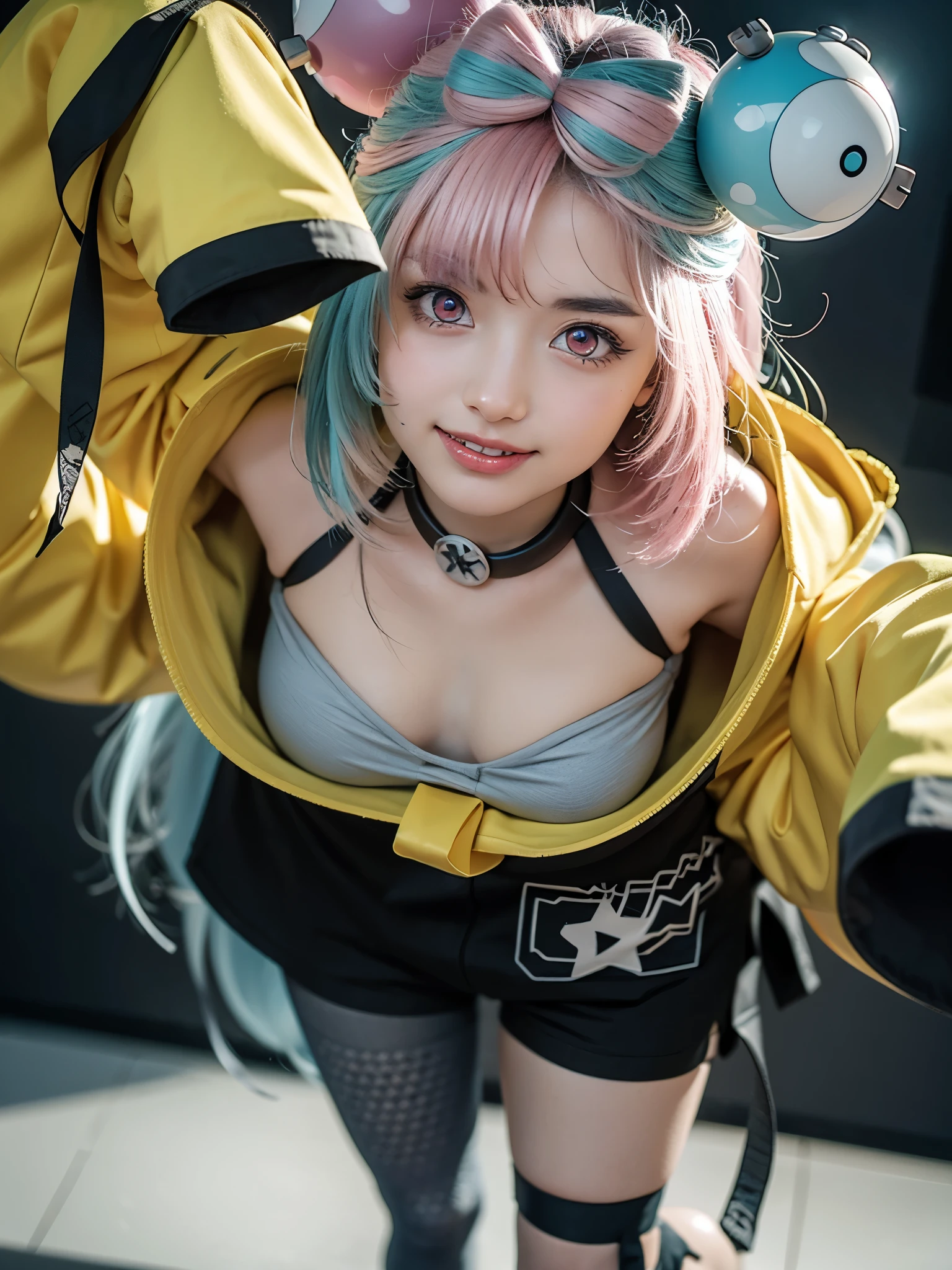 1girl, alone, (cute japanese girl), Young female, Low Height, (smile), Looking at camera,
BREAK
(close up:1.75), (portrait:1.2), Seductive pose, dynamic pose,
BREAK
Professional photo-realistic images, (16k, RAW photo, best quality, masterpiece:1.2), (realistic, photo-realistic:1.4), (extremely detailed 8k wallpaper), sharp focus, depth of field, blur background, bokeh, cinematic lighting, soft light, High resolution 16k close-up of human skin,
BREAK
sagging breasts, huge breasts,
BREAK
pokemon iono, blue hair, bow-shaped hair, character hair ornament, hair ornament, long hair, low-tied long hair, multicolored hair, pink hair, sharp teeth, split-color hair, twintails, two-tone hair, (pink eyes:1.5),
BREAK
oversized clothing, jacket, yellow jacket, wide sleeves, sleeves past wrists, black shorts, grey pantyhose, boots, single leg pantyhose, thigh strap