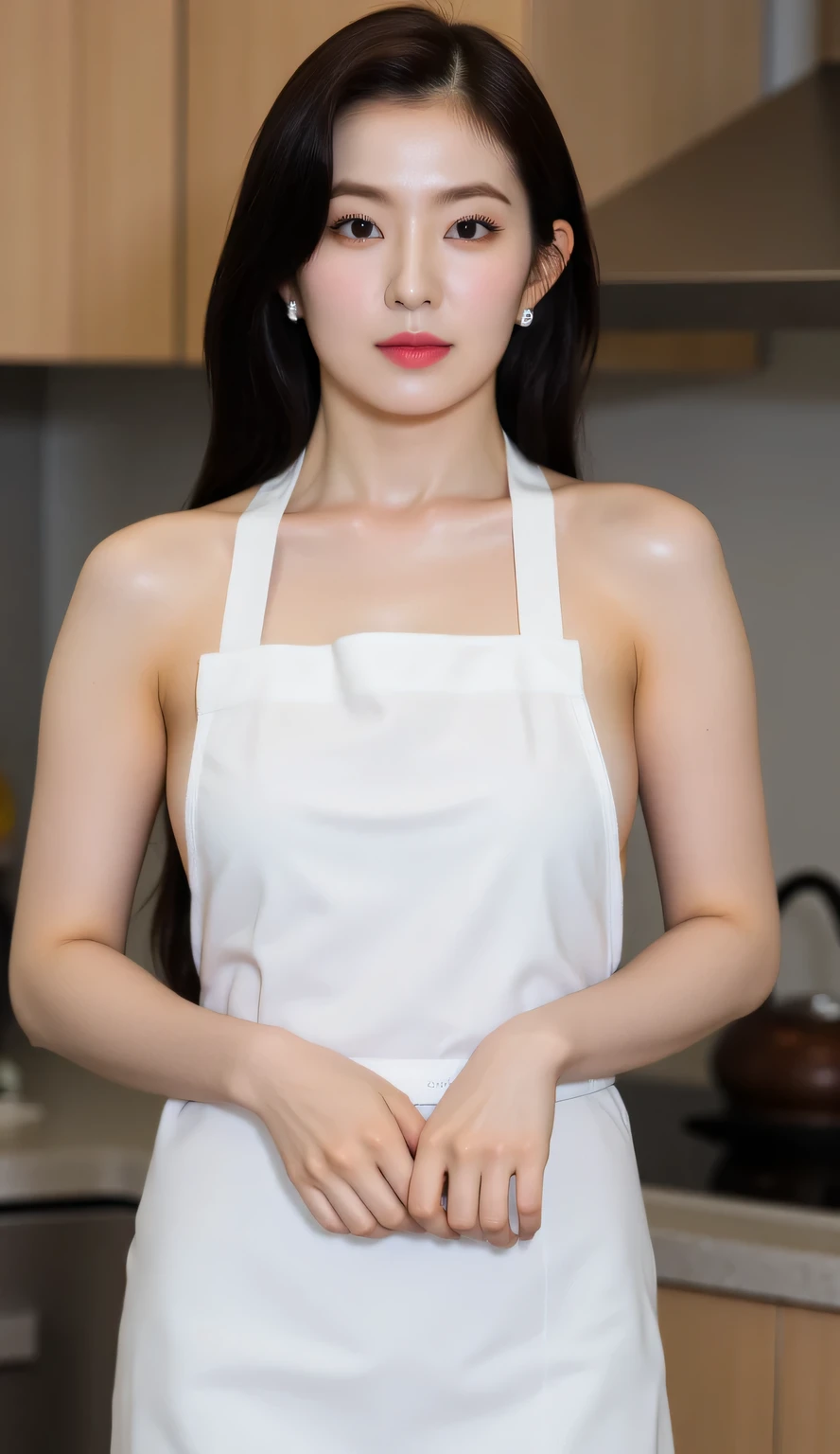 a woman, stand up straight in the kitchen, body facing front, Eyes looking at the camera, both hands folded on the stomach, naked round, use only a long apron of white color, big size G-cup, hair model bob black, face seductive expression,