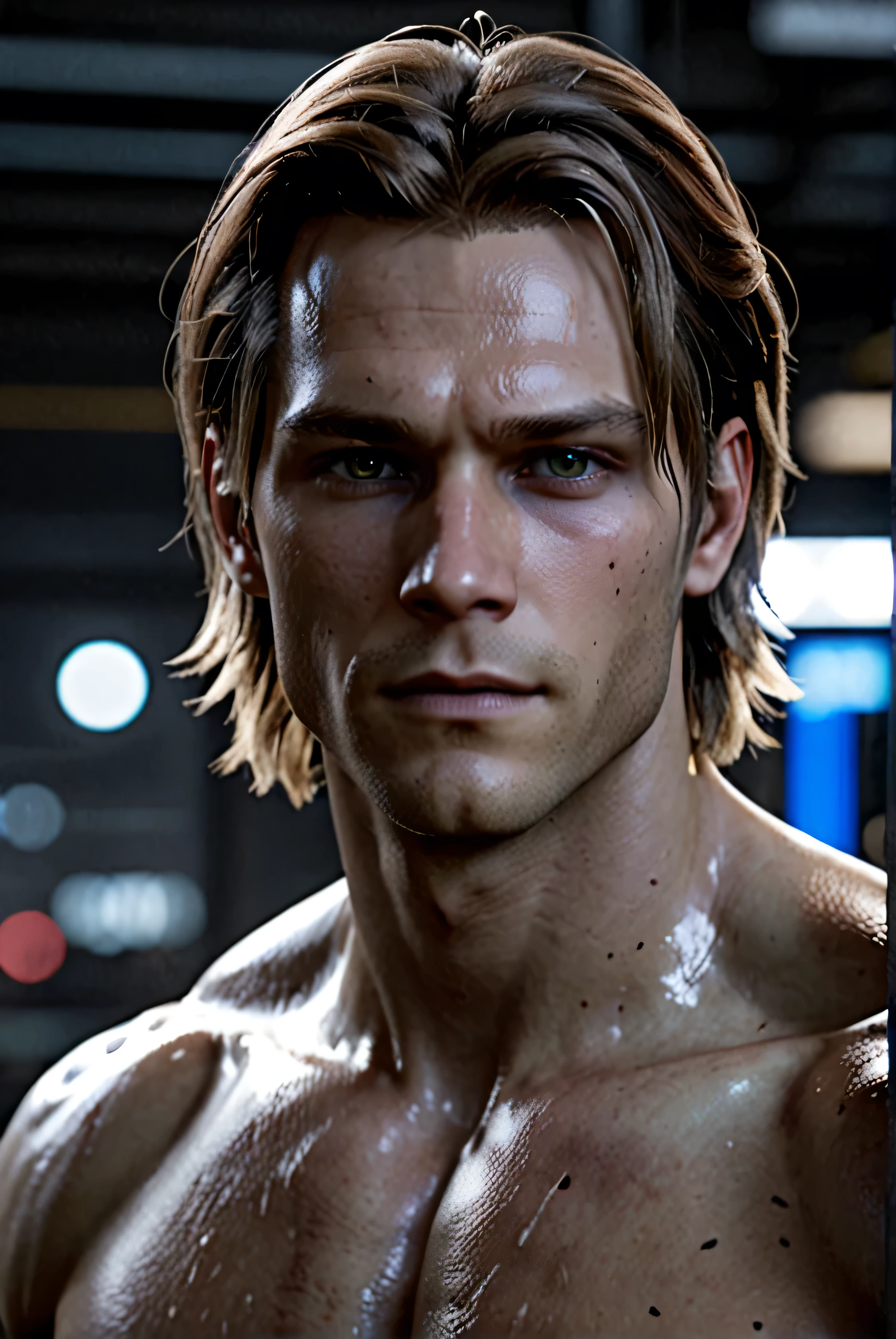 Detroit become human style, half Android, extremely handsome male, fit body, intense gray eyes, dark blonde hair, looking at the viewer, 8k, HD, detailed, gorgeous, poreless skin, white skin, long hair, Messy Hair,