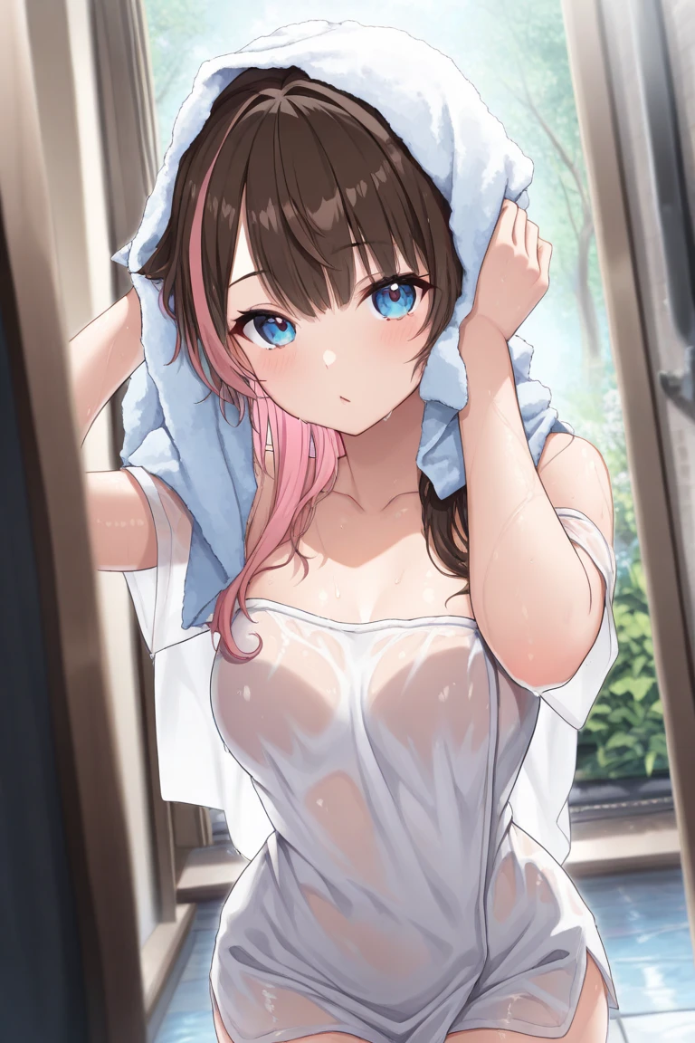(8k, masterpiece, highest quality, Ultra-detailed, Professional Lighting, Perfect Anatomy, Anime Color), Dynamic Angle, From the side,
break;
24 year old beautiful woman, Japanese, Big Breasts, (Completely naked:1.5), (floral naked apron:1.5), Naked head, Bare arms, barefoot, curve, Pale skin, Glowing Skin, Light pink hair, Long Hair, Side Lock, (Single Blade:1.3), Straight hair, (Embarrassing:1.5), blue eyes, We say, (Pointed upwards),
break;
(wash laundry by hand:1.5), stand, Look to the side,
break;
(Hang the laundry out to dry:1.4), (Hanger:1.5), (On the balcony:1.2), sunlight, blue sky, (fence, Second floor), Home Background, (Hang the laundry out to dry:1.5), (No washing machine), (laundry basket on the ground)