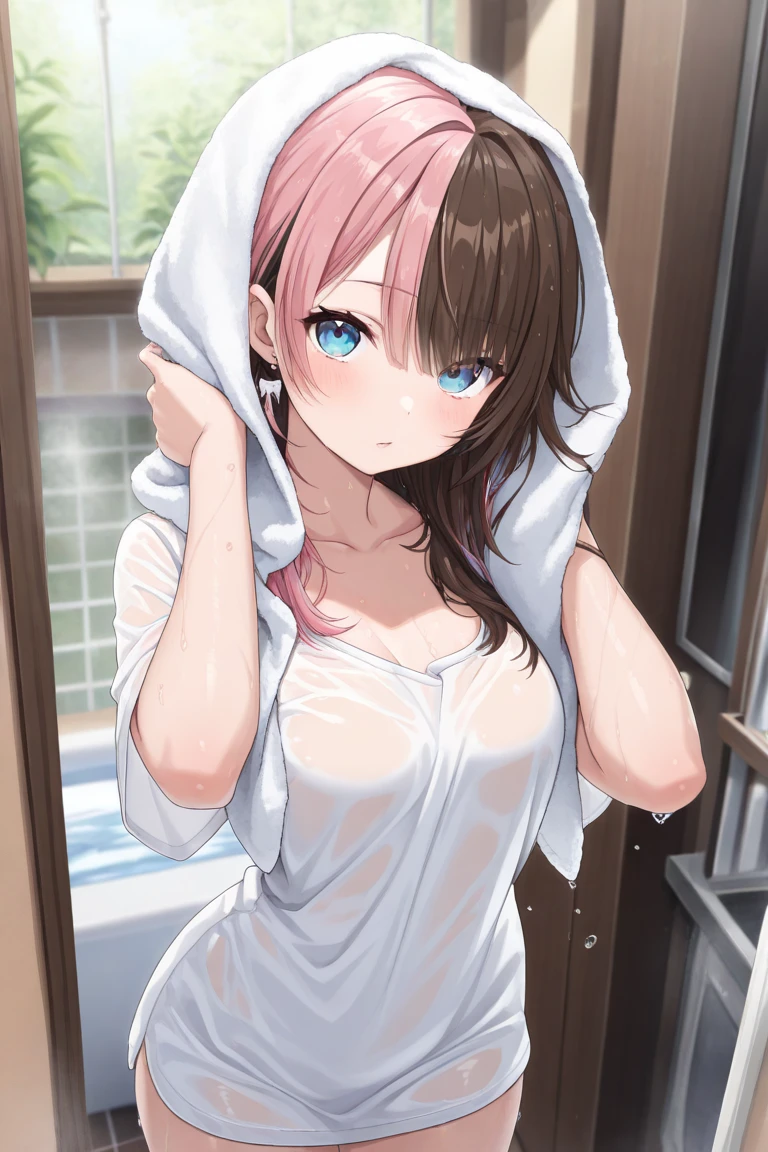 (masterpiece:1.3, top-quality, ultra high resolution, ultra detailed), (realistic, photorealistic:1.4), beautiful illustration, perfect lighting, natural lighting, depth of fields, nsfw,
beautiful detailed hair, beautiful detailed face, beautiful detailed eyes, beautiful clavicle, beautiful body, beautiful chest, beautiful thigh, beautiful legs, beautiful hands, shiny skin,
looking at viewer, face focus, upper body, 1 girl, high school girl, (perfect anatomy, anatomically correct, super detailed skin), cute and symmetrical face, perfect face, perfect eyes,
(short hair, pixie cut hairstyle, ash blonde hair), swept bangs, gold eyes, big eye, long eye lasher, (medium breasts, seductive thighs), babyface, slender, outstanding style,
((detailed cloth texture, naked light pink towel, sweaty)),
(beautiful scenery), evening, ((outside shower room)), standing, (upper eyes, embarrassed),