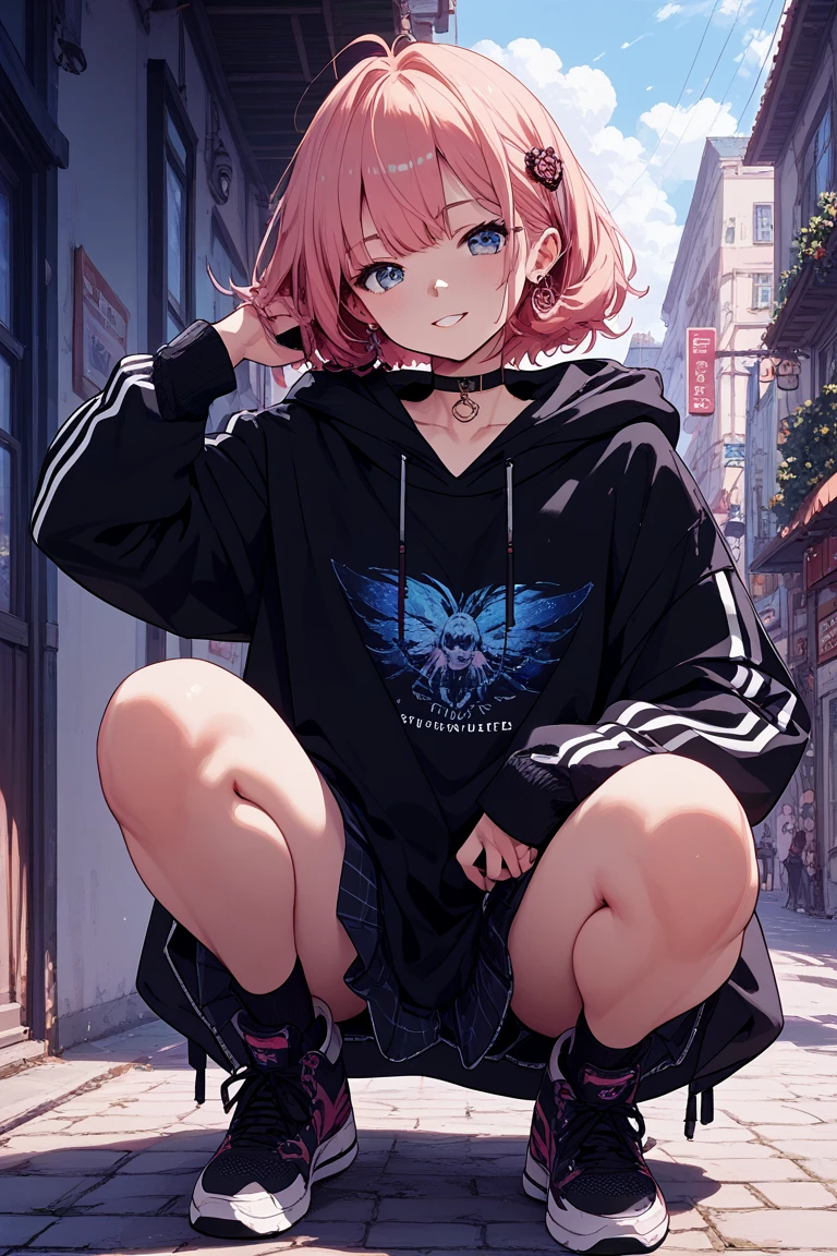 pink hair, boy, teen, rabbit ears, pink hoodie, blue eyes, choker, white shoes