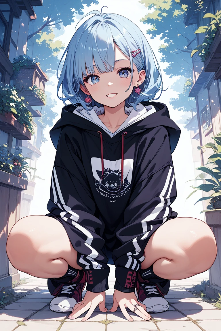 Cozy cute short girl squatting outdoors in white hoodie, cat ears, (floating lens flare bubbles), fangs, (detailed eyes, two-tone eyes, purple turquoise gradient eyes), short white hair, fluffy hair, sneakers, white lingerie, black miniskirt, park scenery in broad daylight, dynamic angle