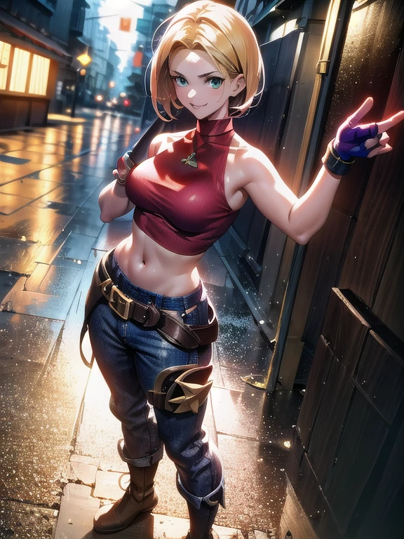 30-year-old woman, sozinho, athletic, through the semi-cut ruby, she's wearing a short and tight red top, she wears blue sweatpants, There are two straps, a small one and the other a large strap hanging around her brown waist., Wear blue fingerless gloves , he wears brown boots, Smiling at the viewer, points to the viewer, there's a small brown dog with white spots with her, High resolution, Absurdo, intrincado, sharp focus, a New York alley in the background, Best Quality, obra-prima, High resolution, perfect image, very detailed,  in high contrast, digital cores, simples, medium plan, cinematic, ultra sharp focus,  award-winning photo,  Perfect contrast,  high sharpness, depth of field costume, ultra detailed photograph, global lighting, fluido, Ultra High Definition, 8k, Unreal Engine 5, ultra-sharp focus,  award-winning photo, seasonal art trends,
