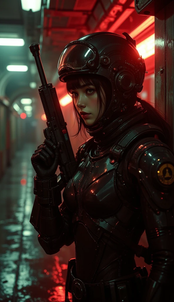 Dark cyberpunk subway station with wet reflective floors and flickering neon lights, red ambient lighting glows around but not on the face, casting shadows and dramatic shading. A pale-skinned Korean female GANTZ agent with black hair and brown eyes, wearing a thick mechanical helmet and a highly detailed cyberpunk-style mechanical suit, is hiding behind a subway pillar. She holds a firearm and quietly observes her surroundings, controlling her breath. Long straight hair slightly flows out from beneath the helmet, neck fully enclosed in thick armor, heavy mechanical shoulder parts. The environment is filled with smoke and silence, creating a tense sci-fi atmosphere