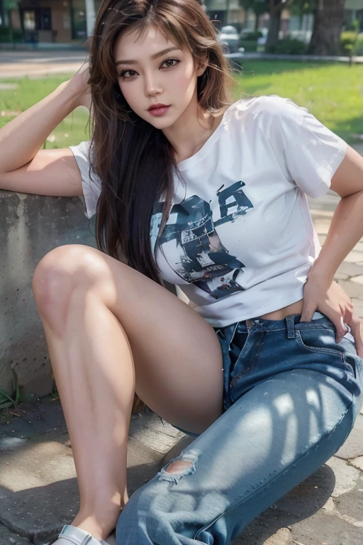 fille de 15 ans, cheveux verts, (cheveux bob). Wear a dark green t-shirt, gros seins naturels, ((porter un pantalon en jean gris)), pose debout, fond gris