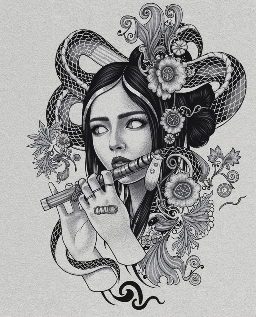 A fairy sitting on a large flower, playing a flute. clean line art, white background, colouring page, clean outline, sketch style, clean lines