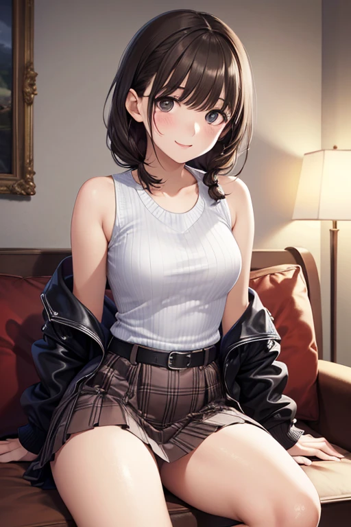 Very detailed, high resolution, (best quality_1.0), 1girl, age girl, short hair, curly hair, brown eyes, serious look, medium breasts, black denim shorts, blue checkered shirt, dark room, window of a building, sitting looking at the window.