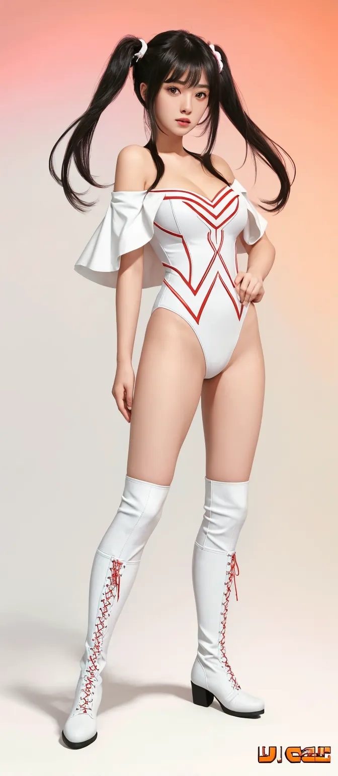 A  female android with a short bob and a baby face.、Wearing a white high leg leotard protector、Charging via the connector on the tail、Full body image、