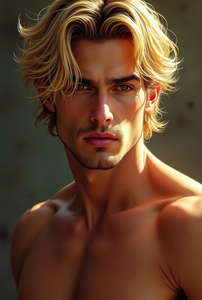 Tiger ears、Blonde Two Block、He is a very handsome and good looking man.。Muscular。I'm wearing earrings and ear cuffs。