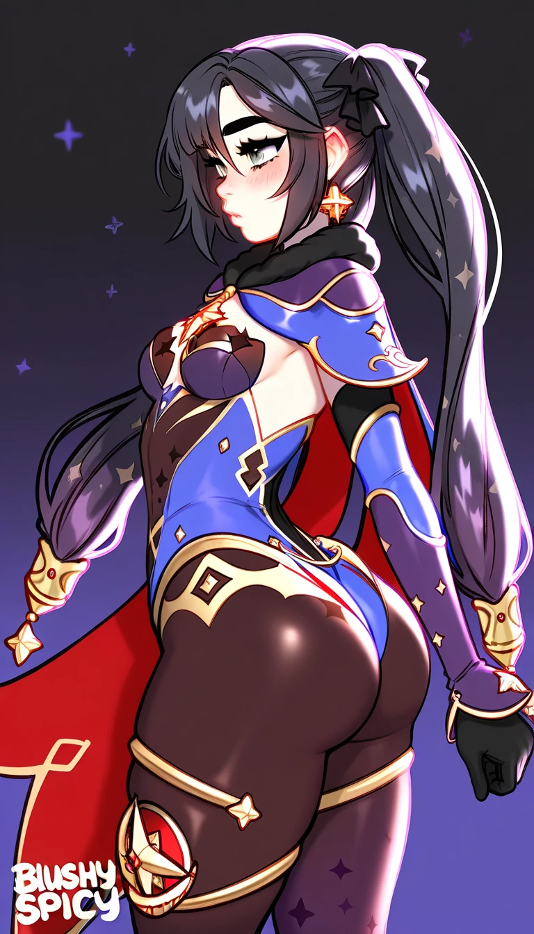 mona from genshin impact, full body, looking down, detailed thighs