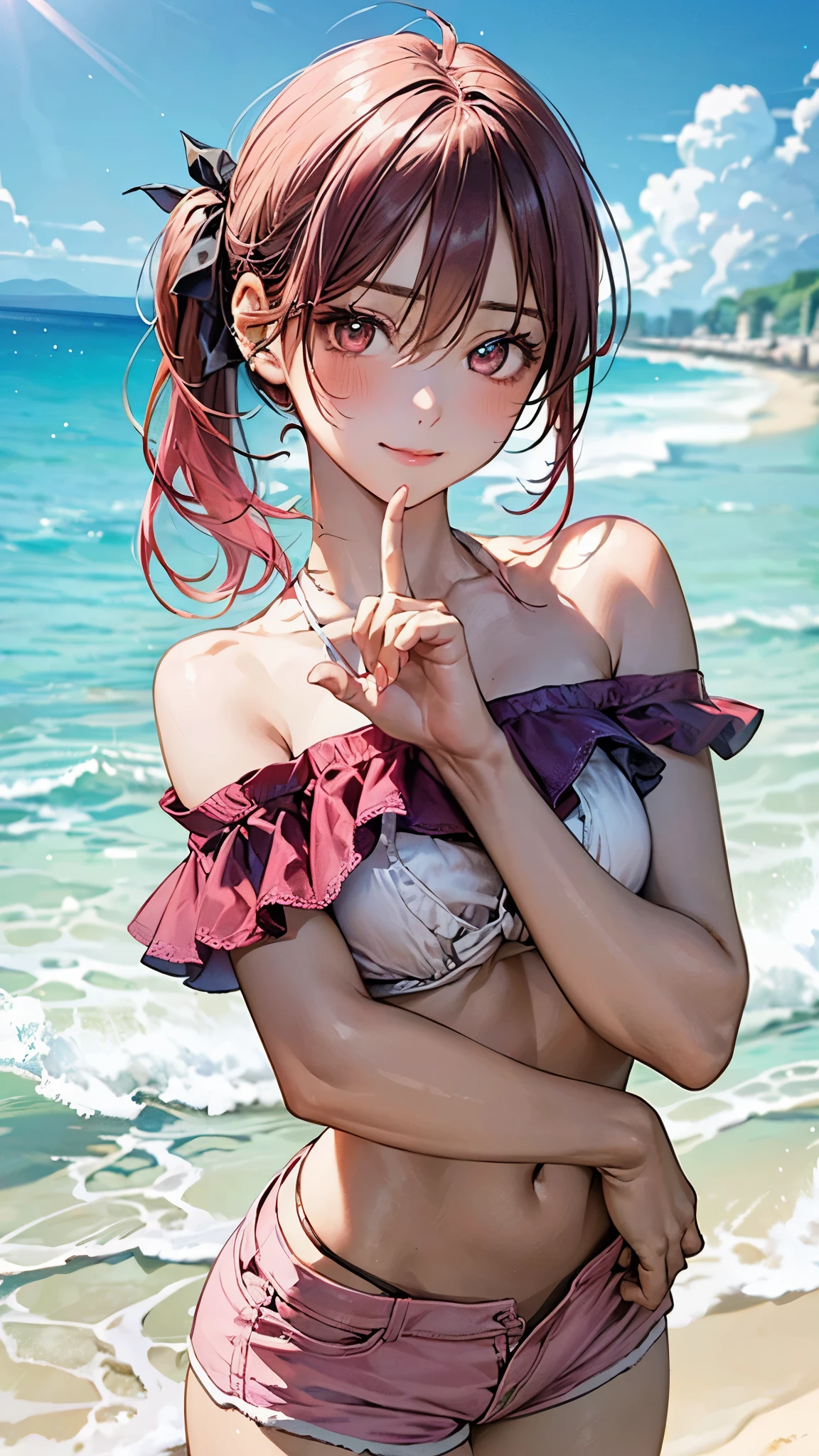 (masterpiece:1.2, top-quality), (realistic, photorealistic:1.4), beautiful illustration, (natural side lighting, movie lighting), nsfw:1.2, 
looking at viewer, cowboy shot, 1 girl, japanese, gravure Idol, high school girl, perfect face, cute and symmetrical face, suntan, shiny skin, slender, 
(short hair:1.2, side ponytail:1.2, blonde hair), parted bangs, gold eyes, long eye lasher, (large breasts:0.6), 
beautiful hair, beautiful face, beautiful detailed eyes, beautiful clavicle, beautiful body, beautiful chest, beautiful thigh, beautiful legs, beautiful fingers, 
((navy bikini), choker, wrist chakra), 
(beautiful scenery), tropical beaches, (walking), (waving hand), (lovely smile, upper eyes),