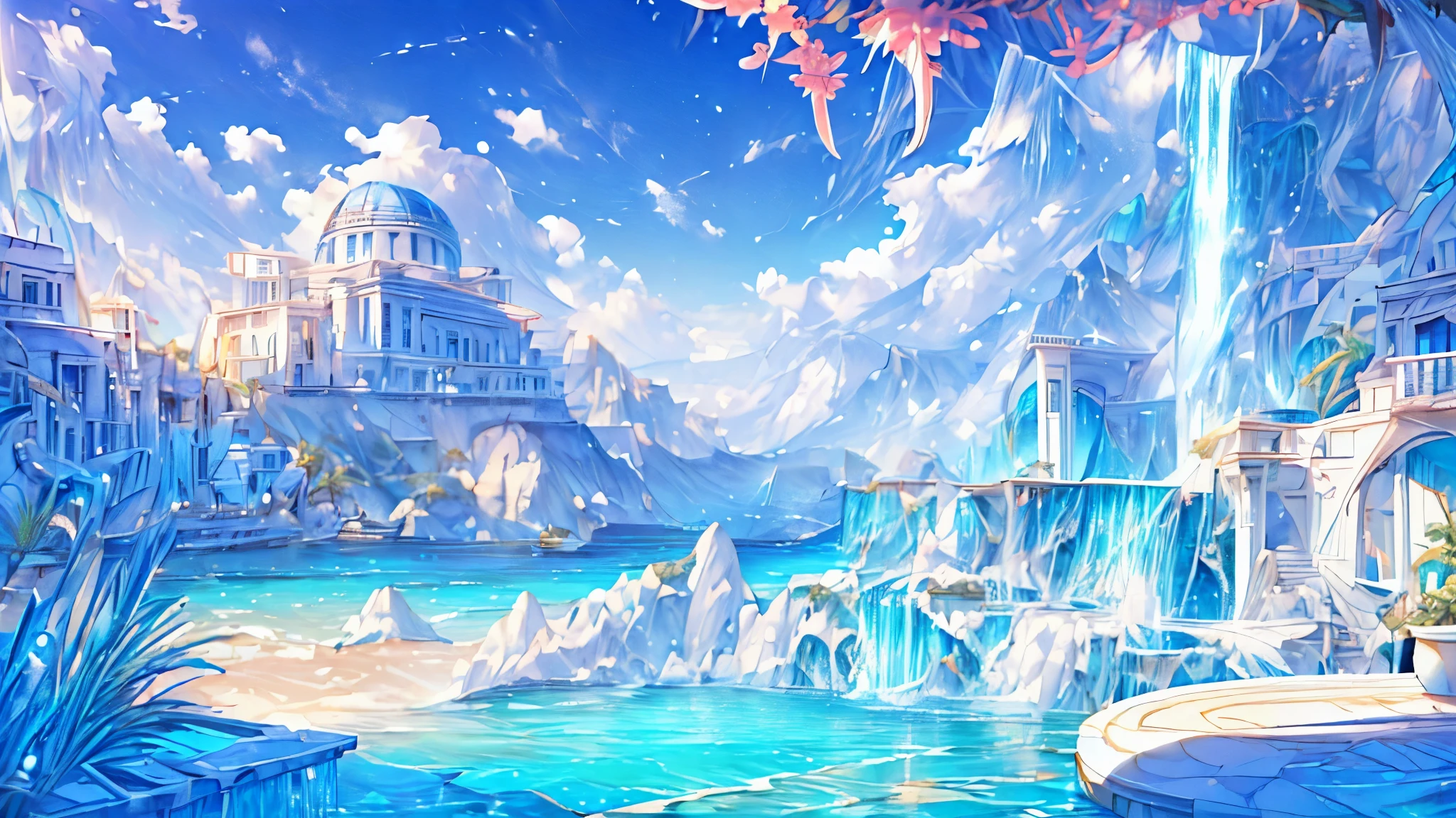A Masterpiece In 32K Resolution, (beautiful image:1.5), CG, (waterfall:1.5), (mediterranean style:1.4),(white_building:1.3),blue sky, white cloud, sun light, Ultra detailed details, HQ, 16k,extremely detailed CG, plant, A city blessed with water, Beautiful Landscape,