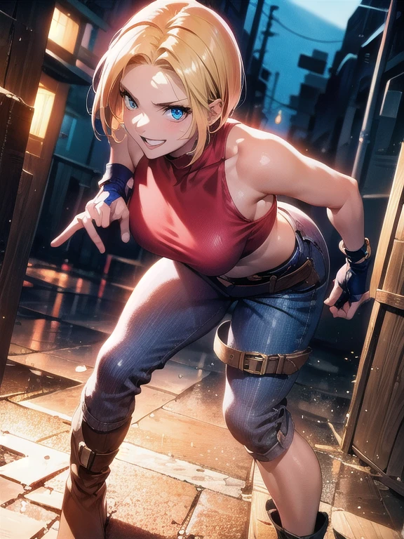 Sexy young girl with a good body, long hair blonde with green eyes, black leather jacket with white bra, ripped blue jeans, short brown boots with white, standing, spiky hair, bristly hair, standing, fighting pose, on guard, defense pose