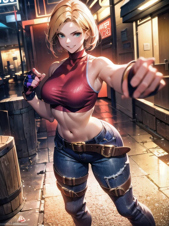 maryms, Best quality at best,(Big breasts are beautiful), 1 plump girl,physically-based renderingt ,Ultra-high sharpness,Willow waist, Skinny, multiple sclerosis. Leona ,musculous, Big blue eyes,legs long,denim pant,virgin,Small under the chest,Puffy eyes, virgin,(rainy city), Skin glows, face to the viewer, Winning pose,