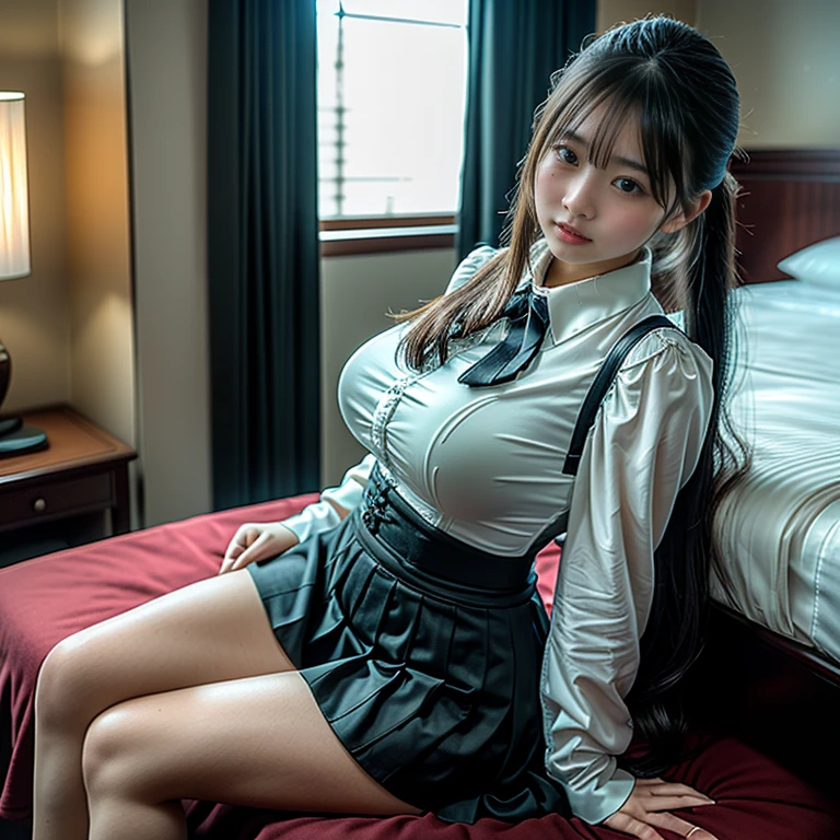 Detailed face、highlight、Asian Girl、thigh、breast enhancement、black髪、Heavy bangs、skirt、red、black、white