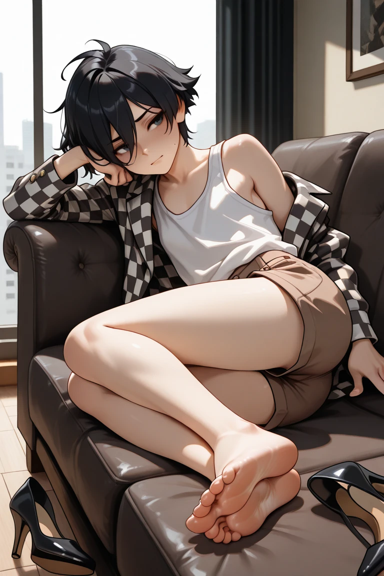 1boy, toned, wolf ears sitting with legs raised, black shirt belly shows