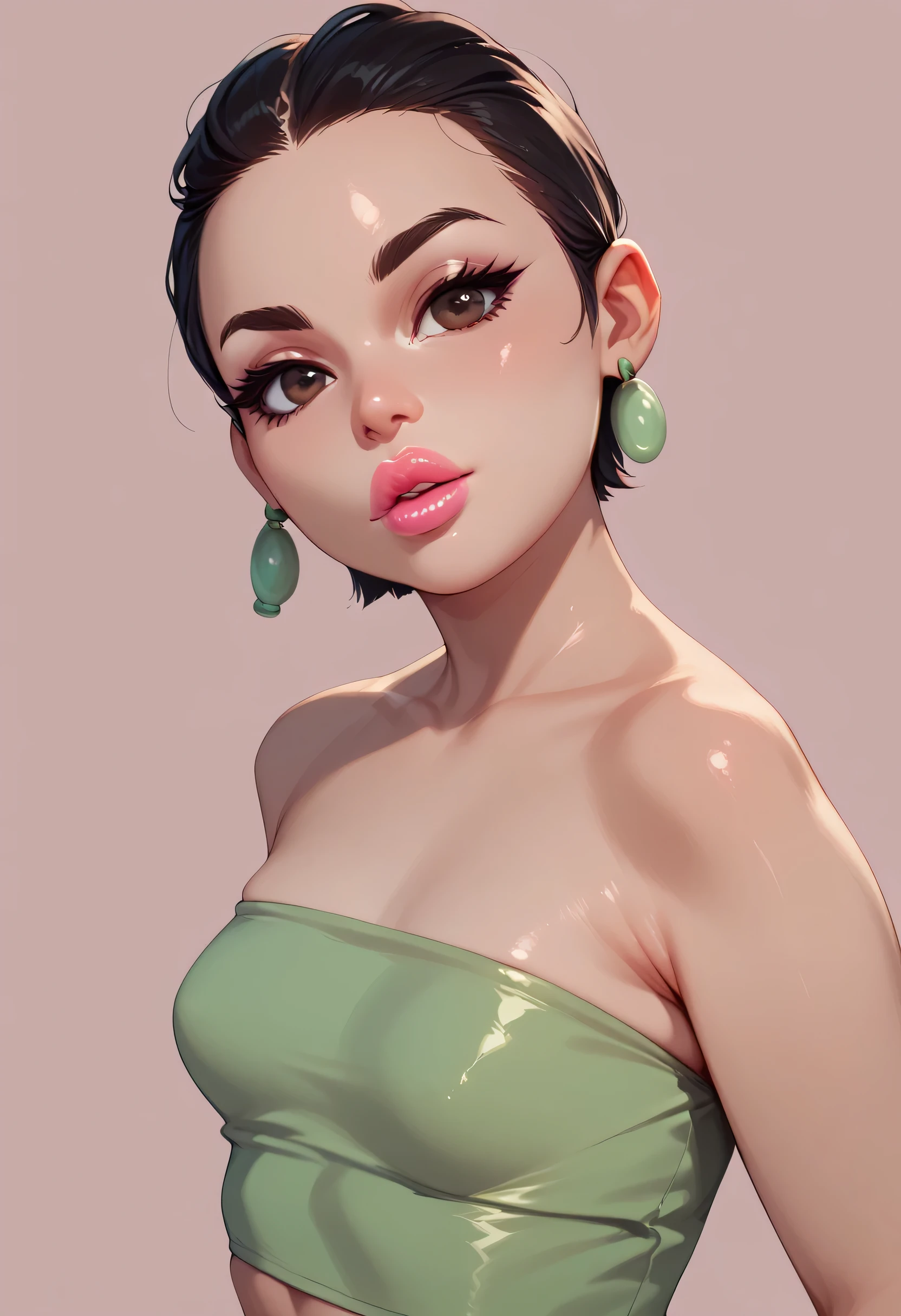 black hair, short hair, (forehead), (green band head), black thin eyebrows, dark brown eyes, black eyelashes, nose, normal lips, pink lips, small breasts, (green tube top), simple background