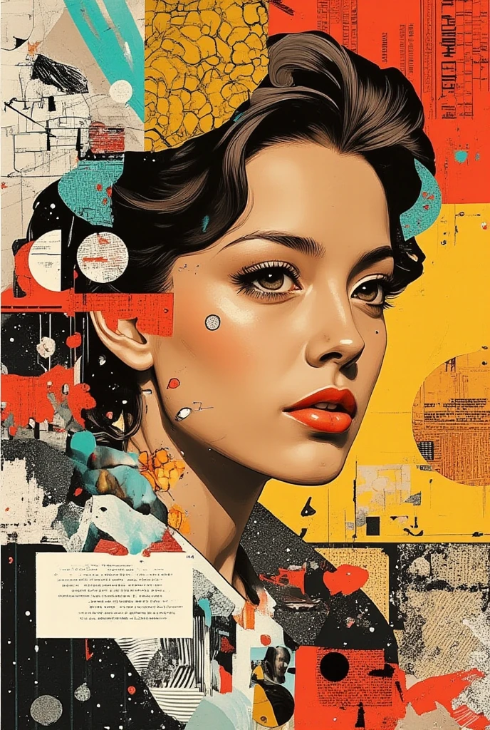 Portrait of a woman, bold, colorful and geometric collage art. A tanned woman, probably between 20 and 30 years old, with a profile view against the background of an inscription in large chopped text: "Go ahead by yourself."  A steady gaze, a thoughtful expression conveying deep thoughts.  Thick dark hair, arranged in an elegant hairstyle.  Red lipstick that accentuates the lips.  Detailed complexion, with subtle shadows and highlights, creating a smooth texture.  Detailed, expressive eyes expressing thoughtfulness.  A woman's face is a central point framed by geometric shapes and vibrant colors.  The composition is a detailed collage that combines a variety of images and textures.  Bright, bold colors: red, orange, yellow and turquoise, mixed with muted tones, create a vivid and dynamic impression.   Bright colors have a strong emotional effect, creating a feeling of strength and saturation.  Geometric shapes and patterns, strong, dynamic and expressive.  A special style, reminiscent of vintage posters or art collages.  Abstract forms with embedded text elements enhance a powerful and complex visual narrative, creating an artistic, abstract and energetic piece.  The woman is depicted in close-up. The colors and textures are picturesque, rich and pleasant to the touch.  General atmosphere: bold, reflective, expressive.  It is a work of art created in the spirit of contemplation and introspection, in vintage style, creating a powerful image.  The influence of Art Deco, Cubism and pop art is obvious. Light aberration, lighting, bursts of light, spots and scratches, distorted perspective, sepia, a light touch of time,realistic digital art, Digital painting, fine detail in k64 format