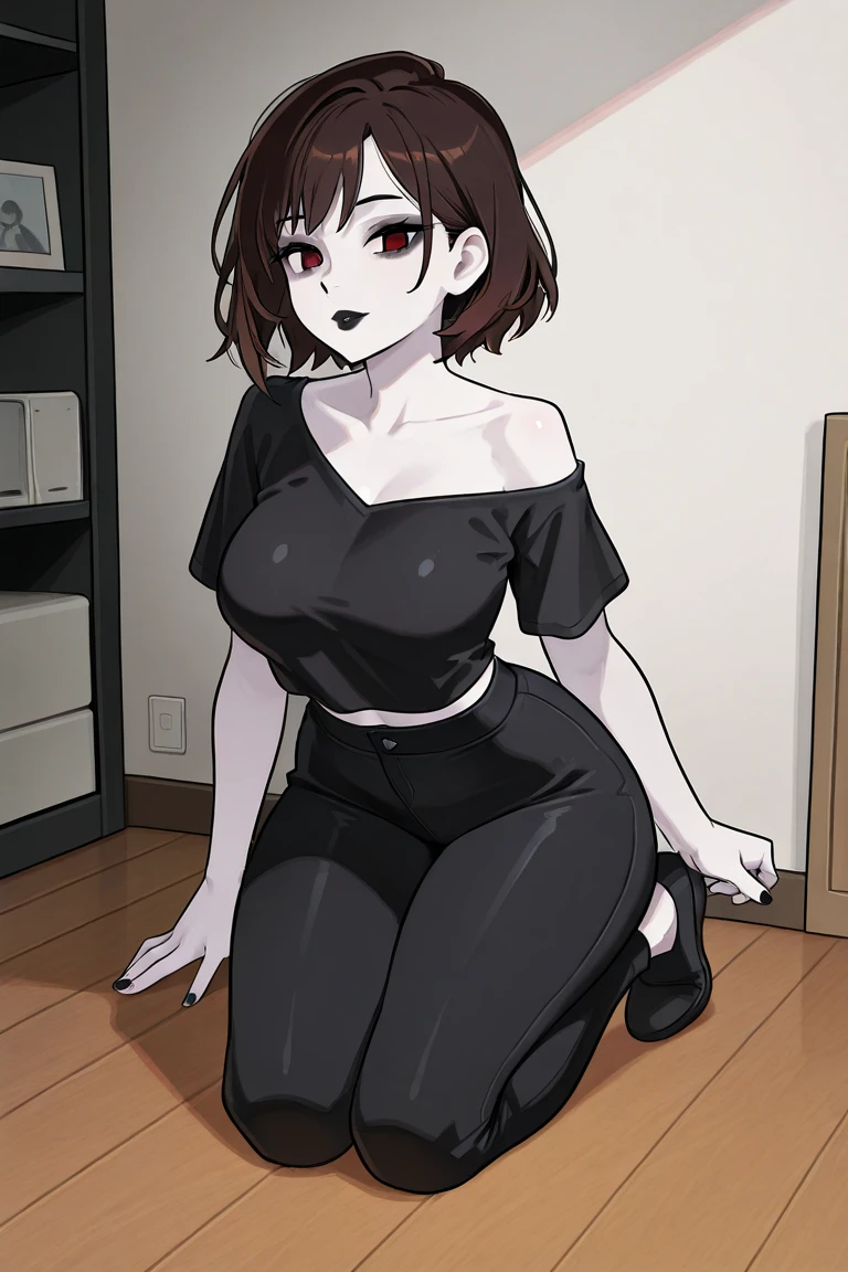 ((best quality, ultra-detailed, best illustration, best shadow, masterpiece, high res, professional artwork, famous artwork, anime drawing)), (1girl, solo), Reze, black spiked choker, hair between eyes, multicolor hair, black hair, short messy hair, fox ears, GothicC, (black hair:1.5, dyed hair, two-tone hair:1.3), black lipstick, black eyeliner, pale skin, outdoors, night, (((hair over eyes, bangs hair over eyes, bangs hair style))), ((((((extremely big breasts, extremely wide hips, extremely big ass, extremely big , extremely big hips, extremely big ass)))))), ((((wearing light blue jean shorts, jean shorts, extremely short loose white T-shirt, very short loose white T-shirt, red and black multi-striped thigh-high socks, red and black striped stockings socks, standing on toes, on toes, on tippy toes, feet position are shoulder length apart, feet positioned shoulder length apart)))), (in bedroom, standing in front of bed, standing, night time, backlit with moonlight, moonlight, Japanese themed room), (((looming over viewer, looking at viewer, standing directly over viewer, viewer looking up, viewer on found floor, viewer is on ground, view is on ground level))),