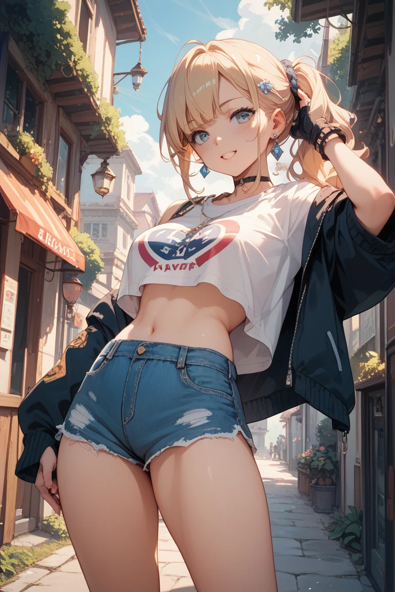 (Superflat, Flat Shading, flat-colors:1.1)、(Magazine Cover)、Illustrations、(Beautiful platinum blonde hair、short-hair、American boyish girl)、crotch open、Smiling、Draw so that the crotch cloth of the golden underwear is visible.、Skirt flipping、((Torn and tattered denim skirt、Golden panties))、Choker、When I look through the viewfinder、A bracelet、Thigh strap、Body Painting、Head tilt、8K resolution、intricate clothing、Intricate details、1girll、Solo、a blond、Standing、Cowboy Shot、Arms at sides、a miniskirt、Detailed panties、((from behind、hindquarters、heart cutout、hip incision))、Volumetric lighting、Soft light、Bright、neons、Vibrant colors、watercolor paiting、