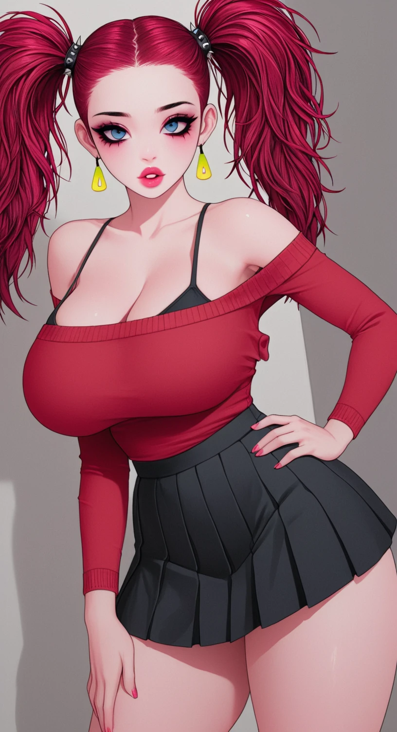 A woman, turtleneck shirt, mini skirt, long black hair, sexy body, stockings, garter belt, big hip, big breasts, blushing, shiny skin, detailed face, full body, bedroom, vibrant colors, high quality