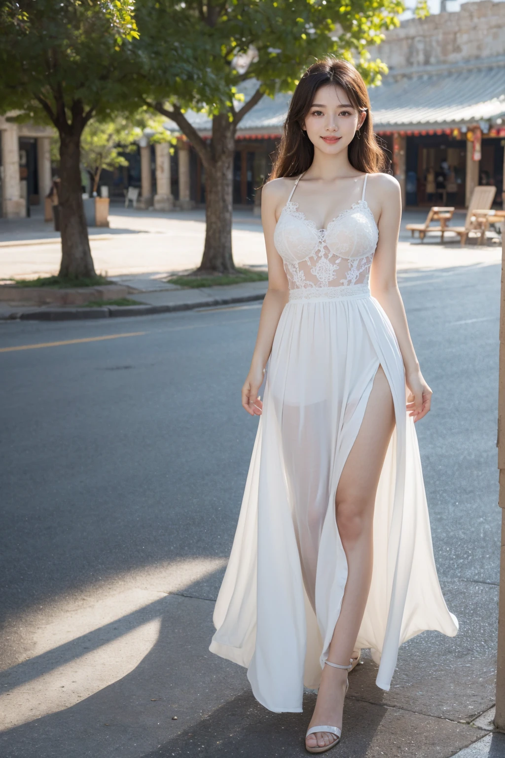 best quality, masterpiece, super high resolution, realistic, 1 girl, shoulder, smile, sunshine, movie lighting, long hair, dress, white dress, standing, full body, vest line Alafi woman standing in white dress standing on street, sexy dress, wearing long dress, thin waist, open dress, long skirt, wearing elegant dress, back slit, soft silk dress, beautiful silk dress, white silk dress, wearing evening dress, wearing long skirt, wearing beautiful dress, white dress, Long white dress, long dress