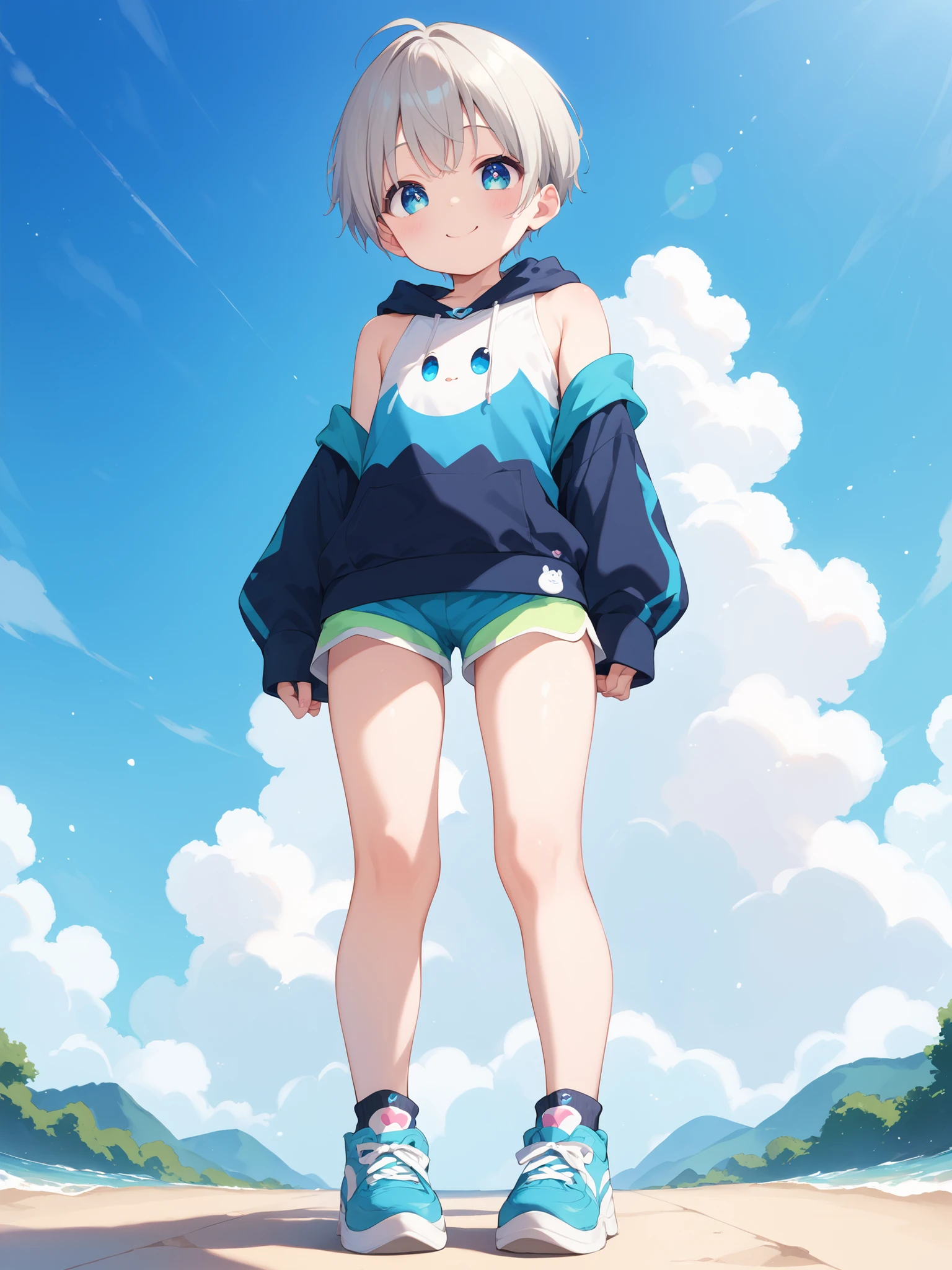 (Solo), (Full body shot), (1 boy), ((about )), (Young boy), (Cute), Happy, (Golden silver hair), (Baby face, round face), (Big cute eyes), ((Sky blue clear eyes)), ((Playful expression)),
BREAK, (Narrow shoulders), ((Bare shoulders))), (Black sleeveless tank top worn under hoodie), (Beige short-sleeved hoodie), Cotton shorts, Socks, (Black and white sneakers), (Arms draped around waist), (Character-centered), Pretty thighs, Slim thighs,
BREAK, (Masterpiece: 1.2), Top quality, (High quality), (High resolution), High resolution, (Clear lines), (Full color), ((Pastel style, Pastel colors)), (Detailed face), ((Highly detailed eyes, Detailed pupils)),
BREAK, Perfect anatomy, Pretty hands, Looking at the viewer, Standing, ((Front view)), (below), (cinematic angle), no background,