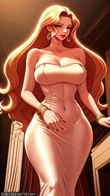 sexy woman, large breasts, wide hips, elegant dress, thigh slit, long golden hair