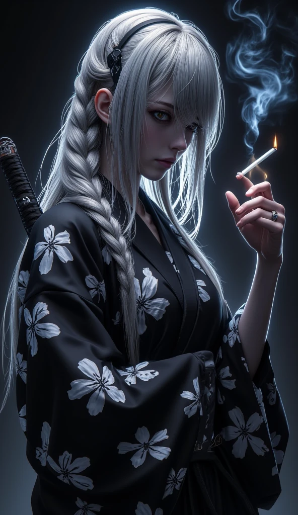 A mysterious anime-style female samurai with long silver hair, partially braided, wearing a traditional black kimono with white sakura flower patterns. She holds a lit cigarette with smoke swirling upwards, her expression cold and indifferent, half-lidded eyes with dark shadows beneath. A katana is strapped to her back. The lighting is moody and dark, with a black background and soft blue-gray highlights, creating a melancholic and dramatic atmosphere. Cinematic lighting, detailed shadows, soft shading, high resolution, manga art style.