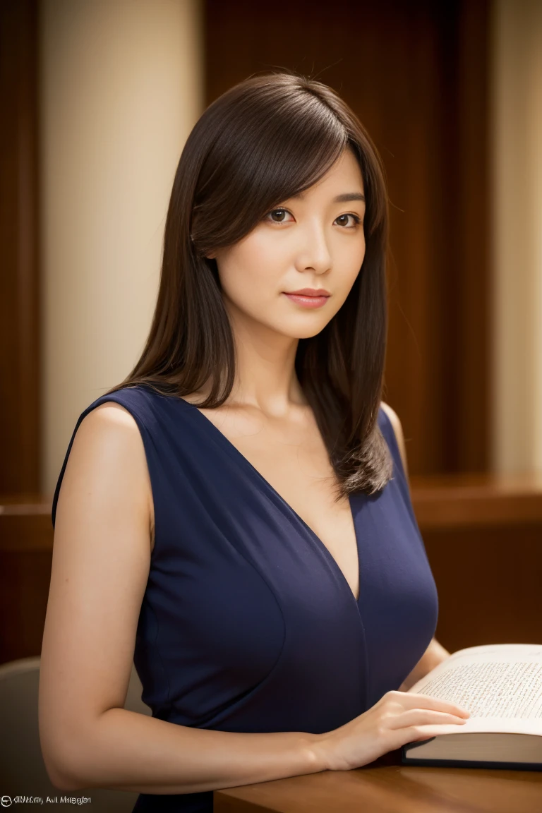 muste piece, photorealistic, best quality, complex and delicate, 8K wallpaper, highest quality, masterpiece, real, Super detailed, 1 woman, 40 year old beautiful woman, slimming, (((facing forward))), Symmetrical, (((view audience))), dynamic lighting, highly detailed face, middle hair, thin turquoise v-neck dress, well-shaped small bust, cleavage