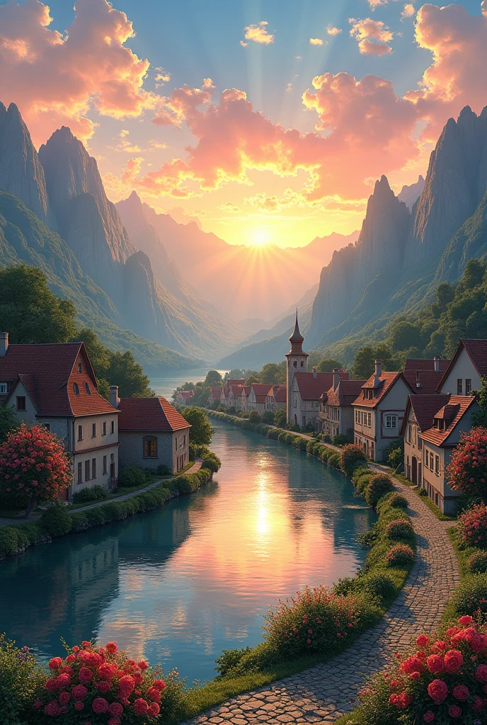 a small village by the river, mountains in the background, floral flowers colorful, detailed landscape, Beautiful natural landscapes, atmospheric lighting, scorching sunset, warm colours, practical, photopractical, Detailed Foliage, complex buildings, cobblestone street, Charming country house, swirly vibrant colors, lush vegetation, Still water reflections, Picturesque, idyllic, work of art, best qualityer, 8k, extremely detaild,anime styling