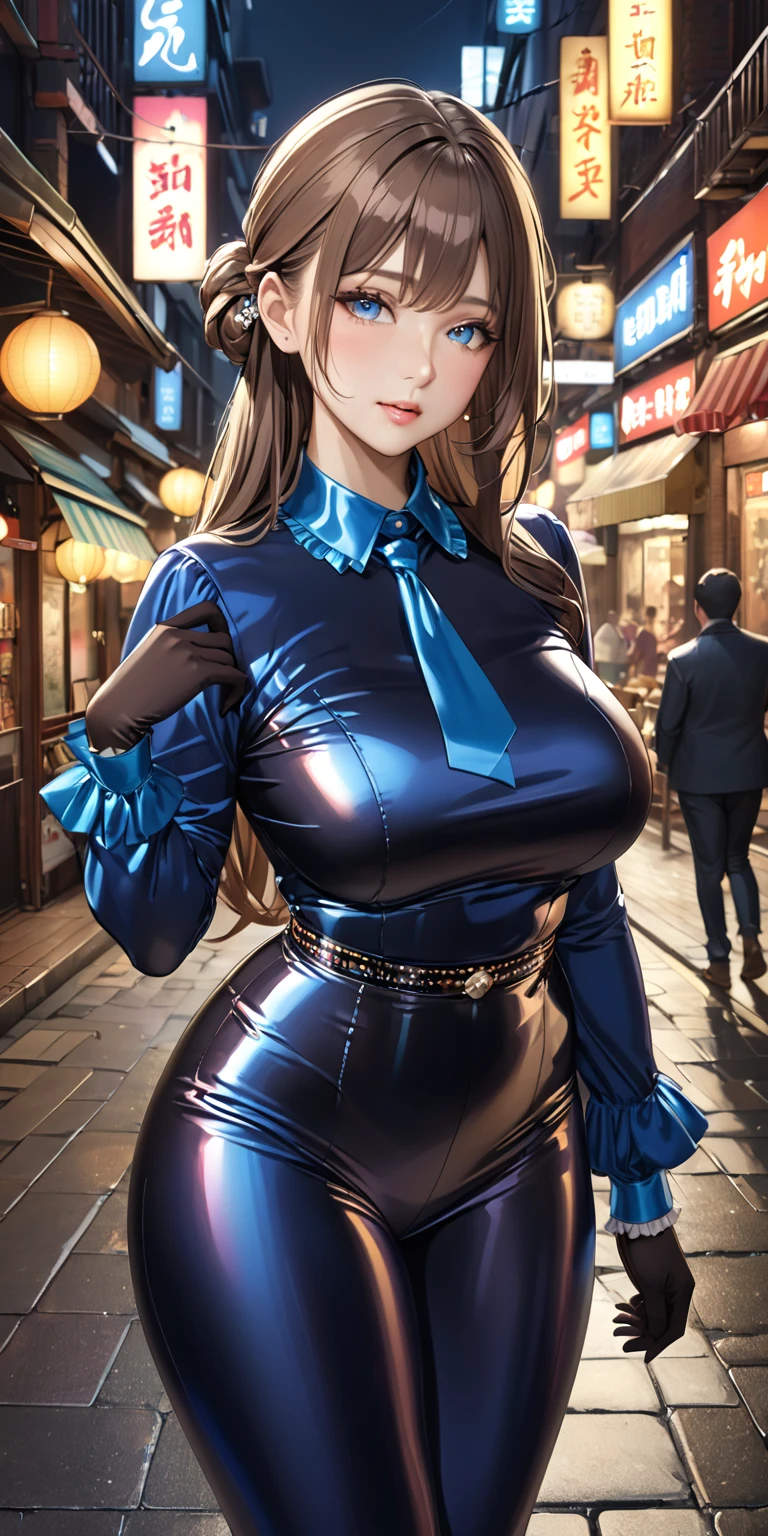 Beautiful, standing, brown hair, looking at viewer, (cyber police uniform:1.5), city background, night sky