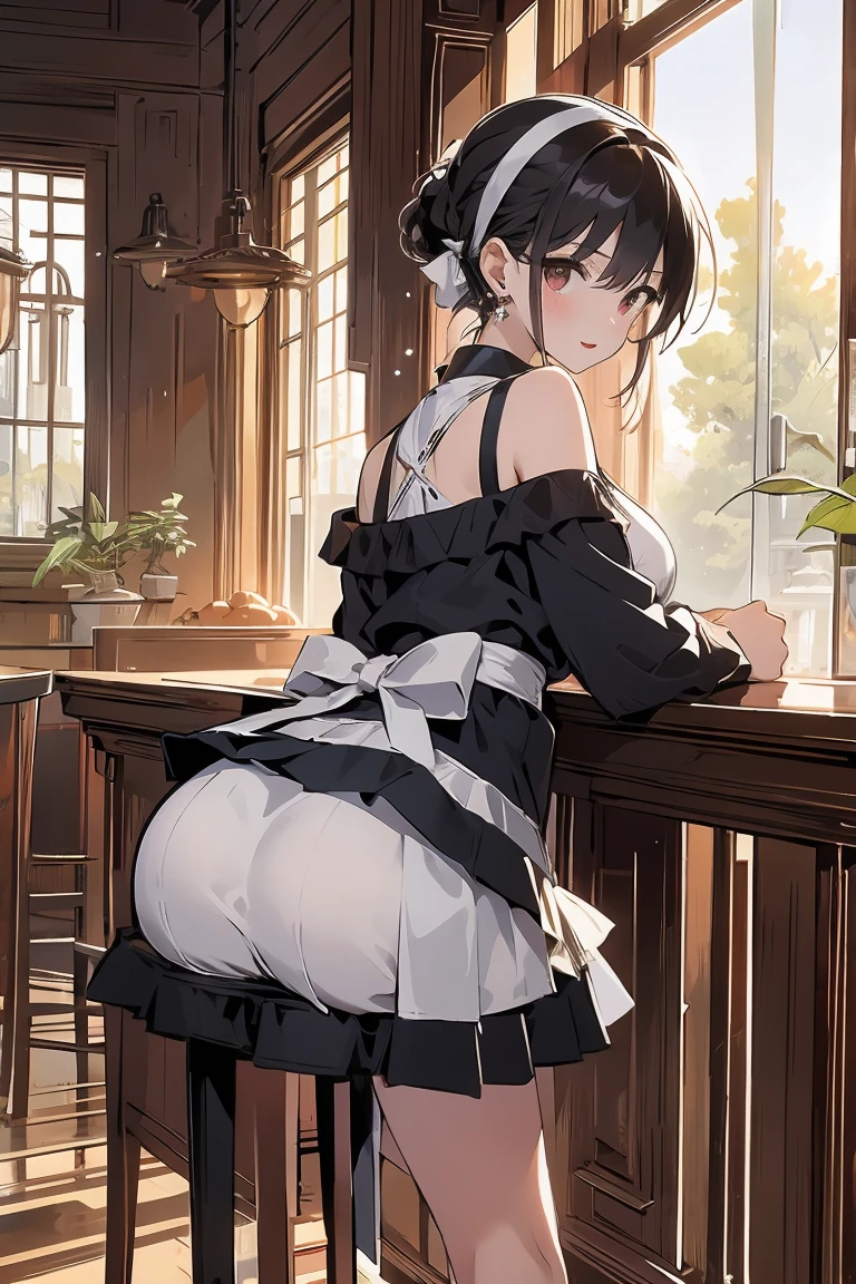((Highest quality)), ((High resolution)), ((masterpiece)), (detailed), (photograph),
Written boundary depth, Anatomically correct, 1people, Mature Woman, Shiny skin,
(Long Hair, Black Hair),
Beautiful Hair, Beautiful back, Beautiful details, Beautiful ass, Beautiful body, Beautiful thighs, Beautiful legs,
(Glossy maid clothes),
(Beautiful views), Night view,